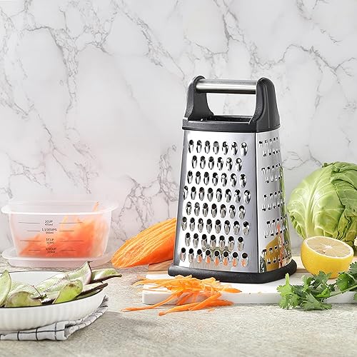 Miniatura 8 de Little Cook - Rallador de acero inoxidable de 4 lados, contenedor de almacenamiento desmontable de 3 tazas y marcas de medición con asa para cocina,