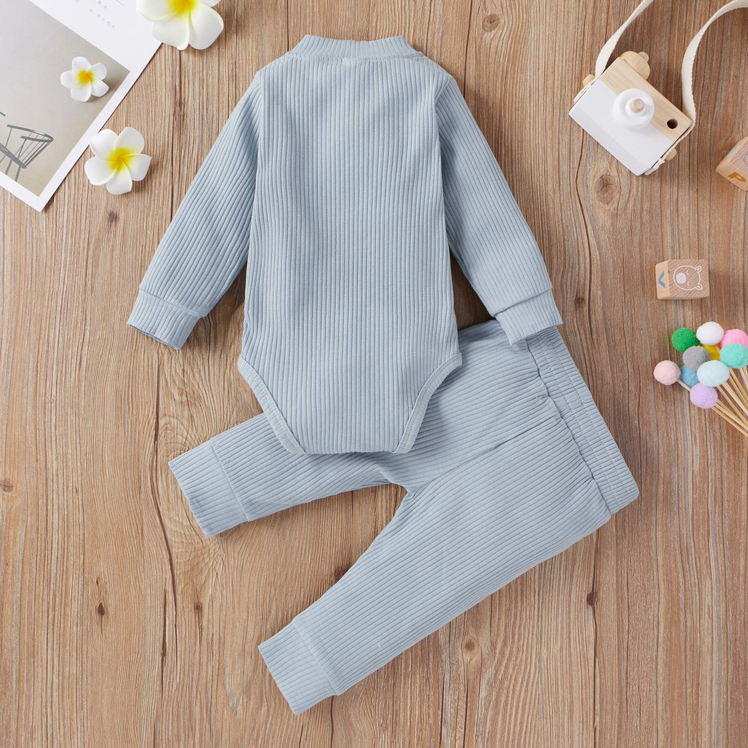 Newborn Baby Boy Girl Summer Clothes Ribbed Sleeveless Bodysuits Rompers Tops+Shorts Pants 2PCS Outfits Set Toddler Clothes (Blue Long Sleeve, 0-3 Months)