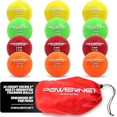 PowerNet Corbin Carroll - Juego completo de 12 pelotas de entrenamiento con peso de 2 pulgadas, 4 pesos, mejora la coordinación mano-ojo, tamaño de