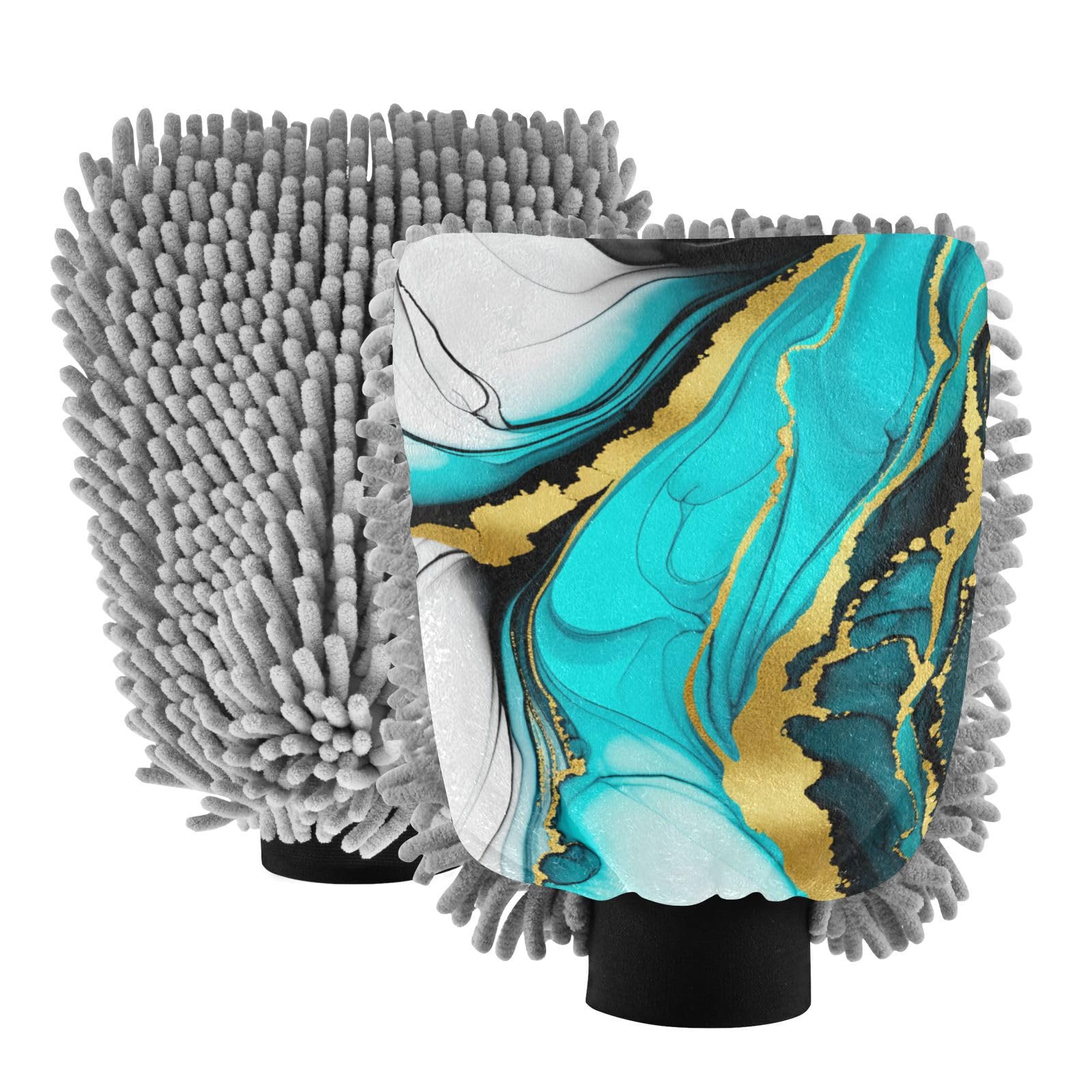 STAYTOP Beautiful Blue Gold Marble Car Wash Mitt Microfiber, 2Pcs Scratch Free Lint-Free, Premium Chenille Microfiber Mitt Car Wash Brush-M