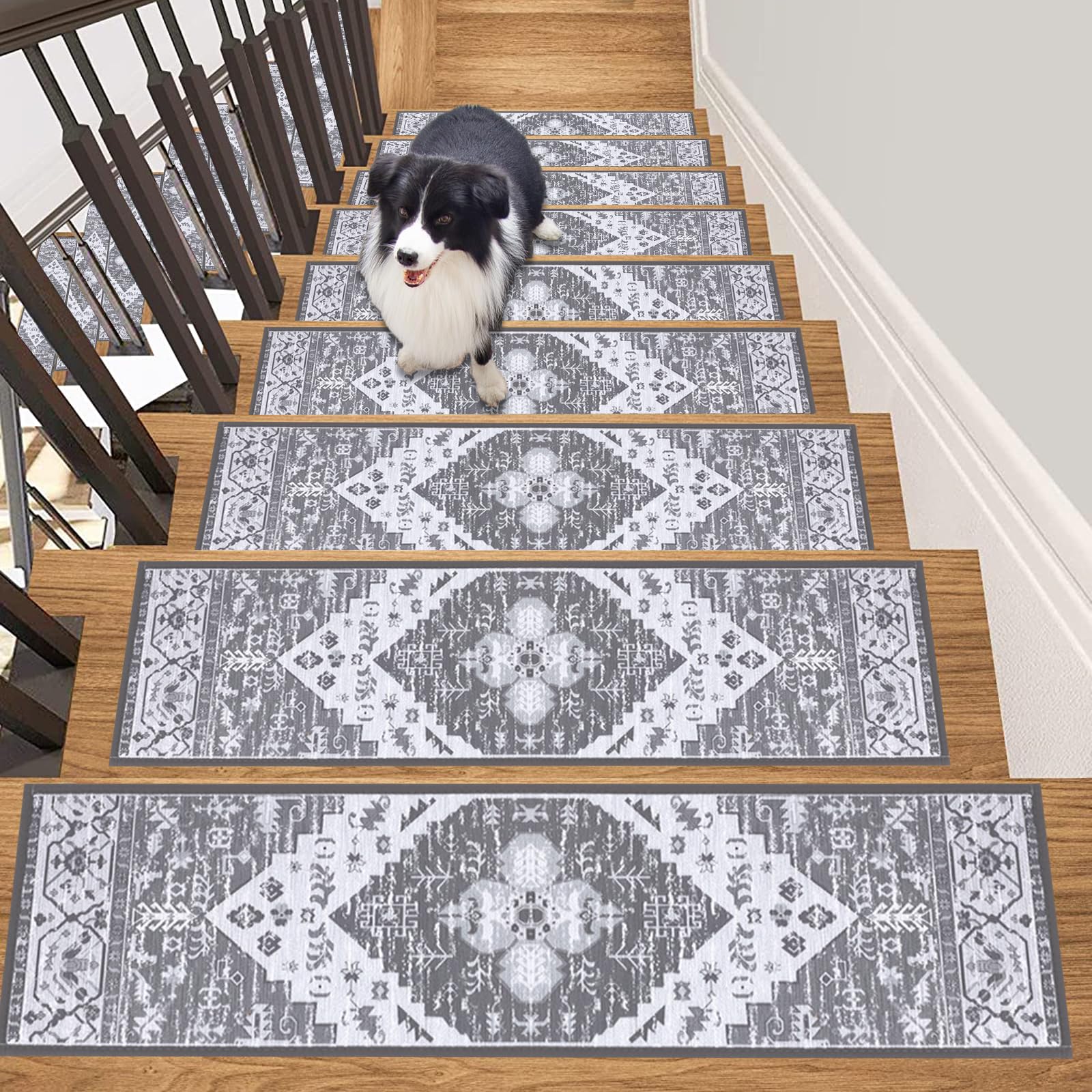 HEBE 8"x30" Stair Runner Self Adhesive Carpet Stair Treads for Wooden Steps Reusable Staircase Step Treads Indoor Outdoor Stairway Carpet Non Slip Stair Rugs(Set of 15)