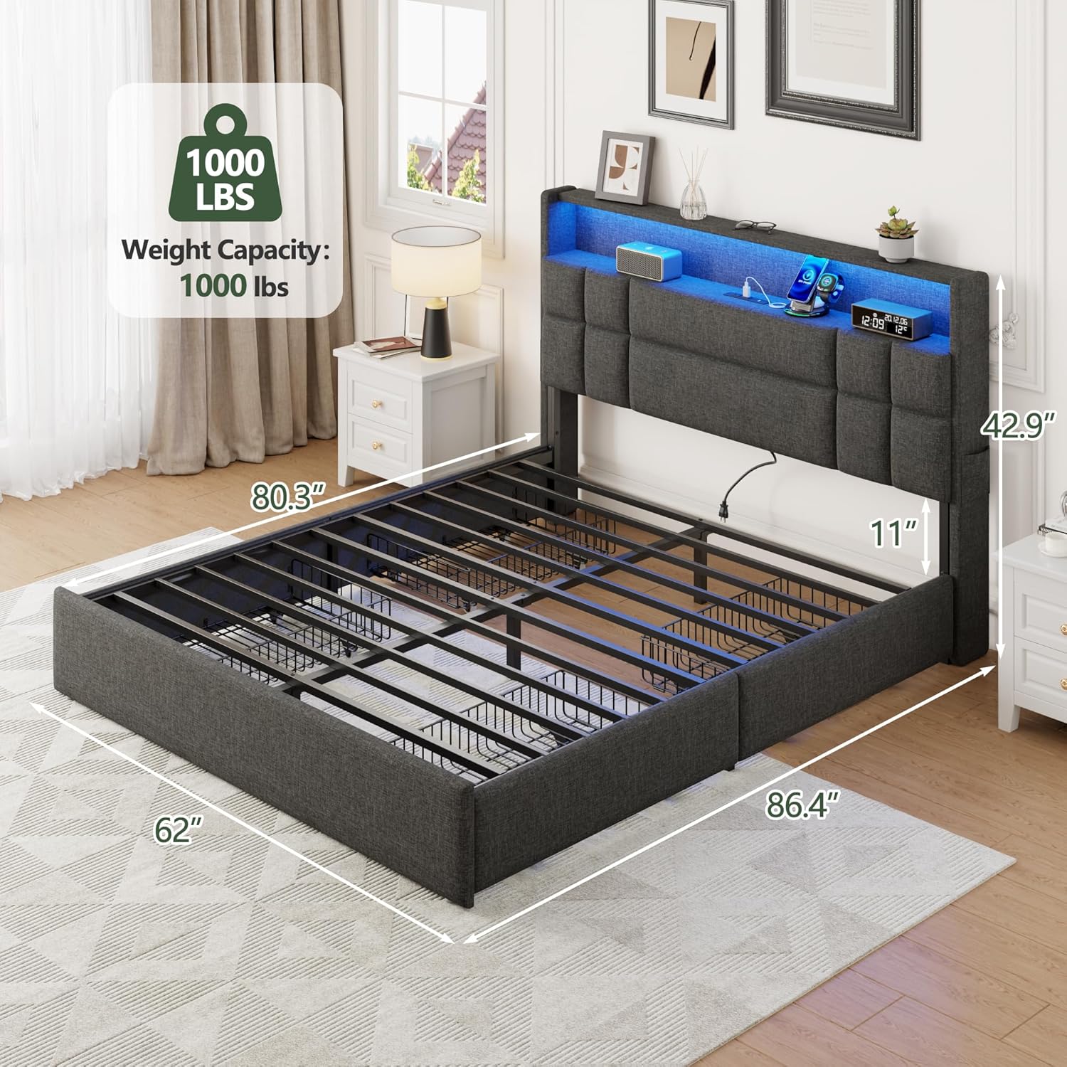 Queen Bed Frame with 4 Storage Drawers & Headboard, Upholstered Platform Bed Frame Queen Size with Charging Station & LED Lights, No Box Spring Needed, Metal Slats Support, Noise Free, Grey