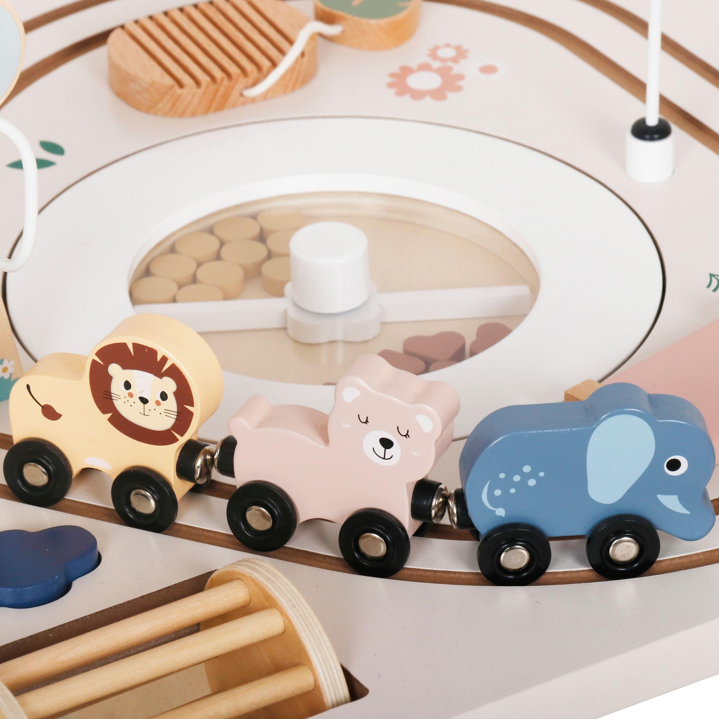 mamabrum Mesa Educativa de Madera 10 en 1 - Juguete Didáctico con Actividades Sensoriales para Niños +1 Año - Centro de Juegos con Engranajes, Laberinto y Tren - 81x52x64,5 cm