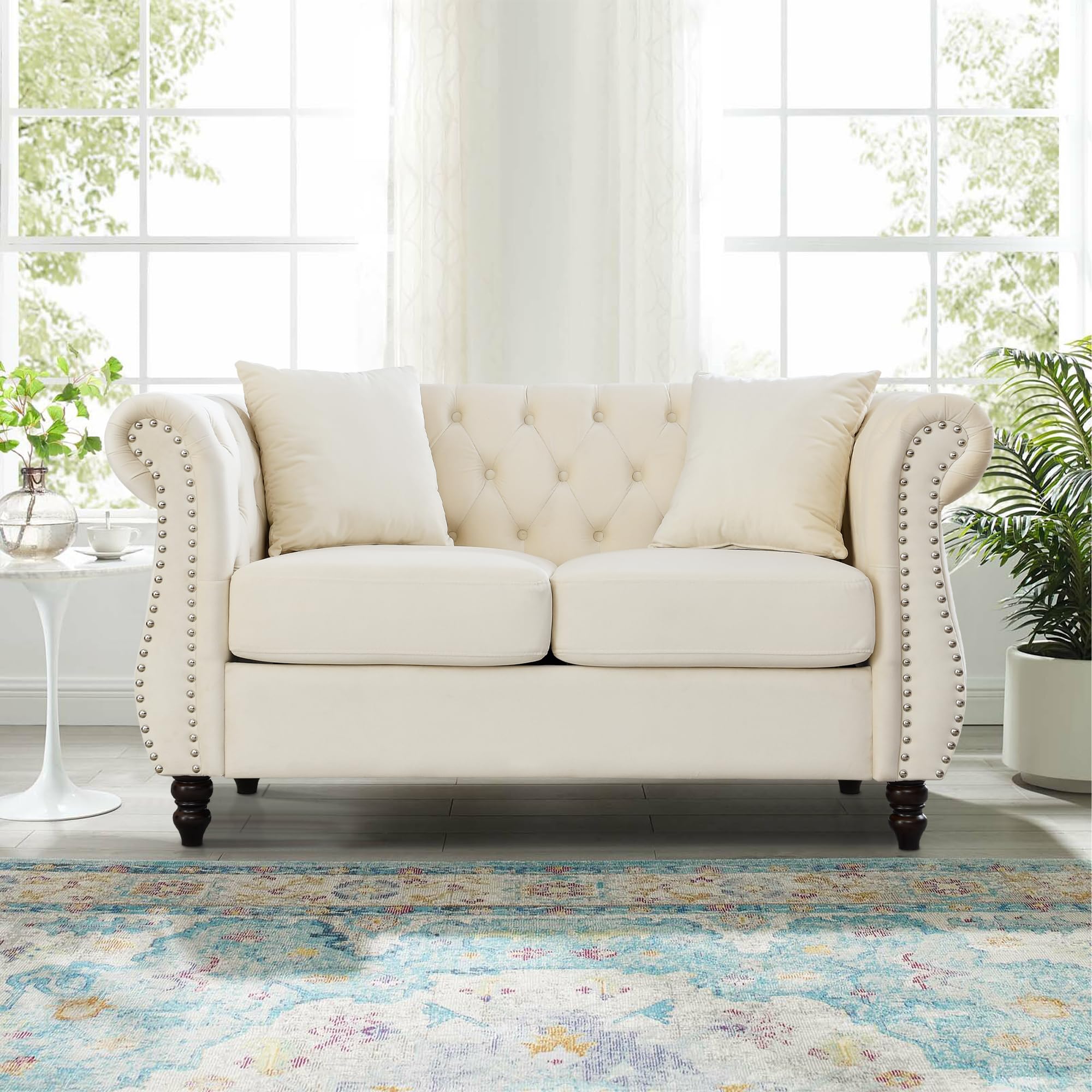 59" Chesterfield Loveseat Velvet Sofa for Living Room,2-Seater Sofa Tufted Couch with Two Pillows,Rolled Arms and Nailhead for Living Room, Bedroom, Office Beige