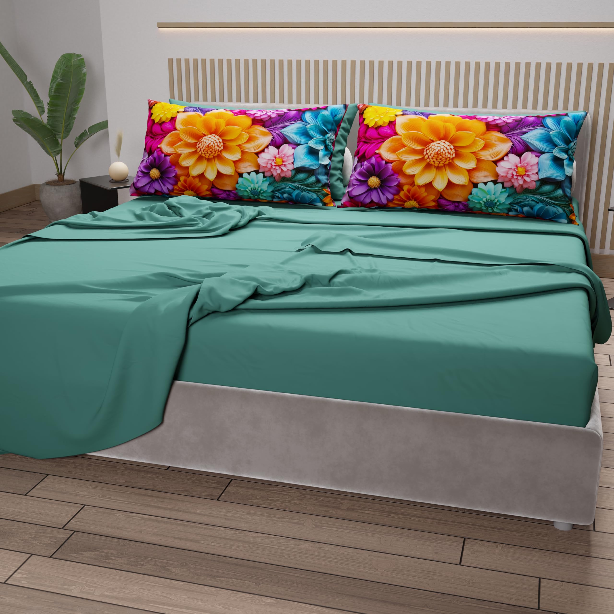 PETTI Artigiani Italiani, Cotton Sheets with Pillowcases in Digital Print, Single Bed Sheet, Single Bed Set, Floral 12 Teal - Image 4