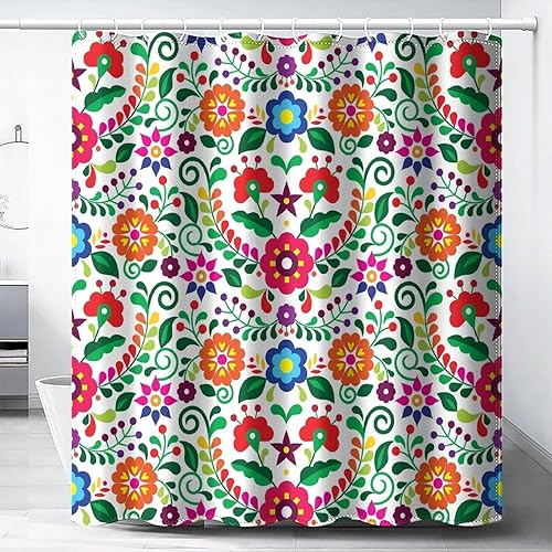 Cortina de ducha de flores abstractas, estilo bohemio retro mexicano, arte popular mexicano, cortina de ducha con estampado floral vintage para