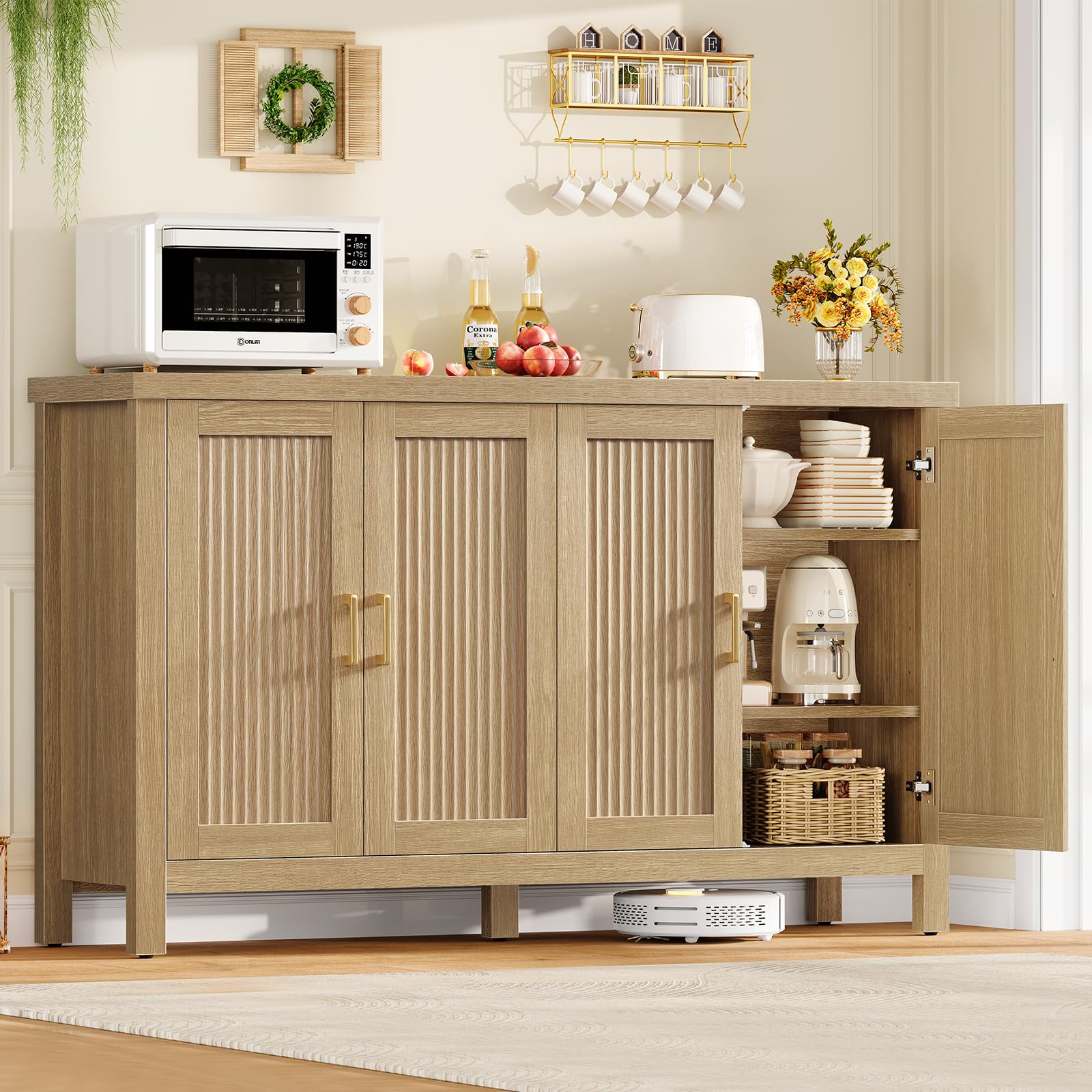 TEENFON 140cm Buffet Cuisine Cannelé 4 Portes, Meuble Cuisine à Étagères Réglables, Buffet Salle a Manger en Bois Naturel pour Salon, Cuisine – 140x38x83.6 cm