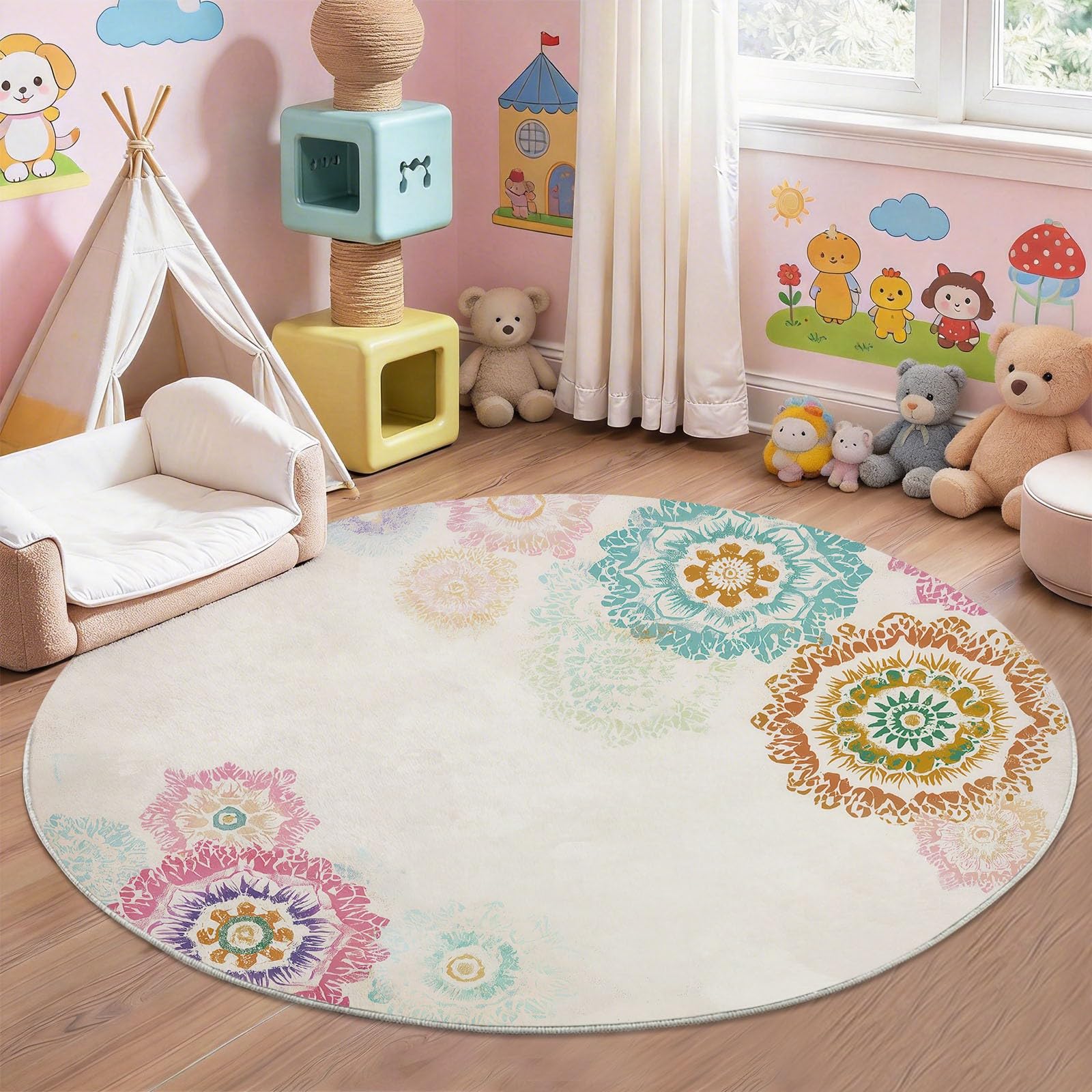 Blumen Mandala Teppich Rund Schlafzimmer 120 cm, Traditionell Fein rutschfest Teppich Waschbar, Beige Kurzflor Weich & Sicher Teppiche für Studie Büro
