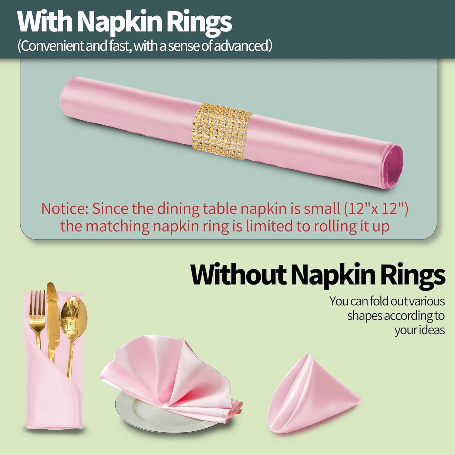 100 Pack Pink Satin Napkins and Napkin Rings Set, 12 x 12 Inch Silky Soft Cloth Napkins Set of 50, Square Satin Dinner Table Napkins Bulk for Wedding Banquet Graduation Party Decoration