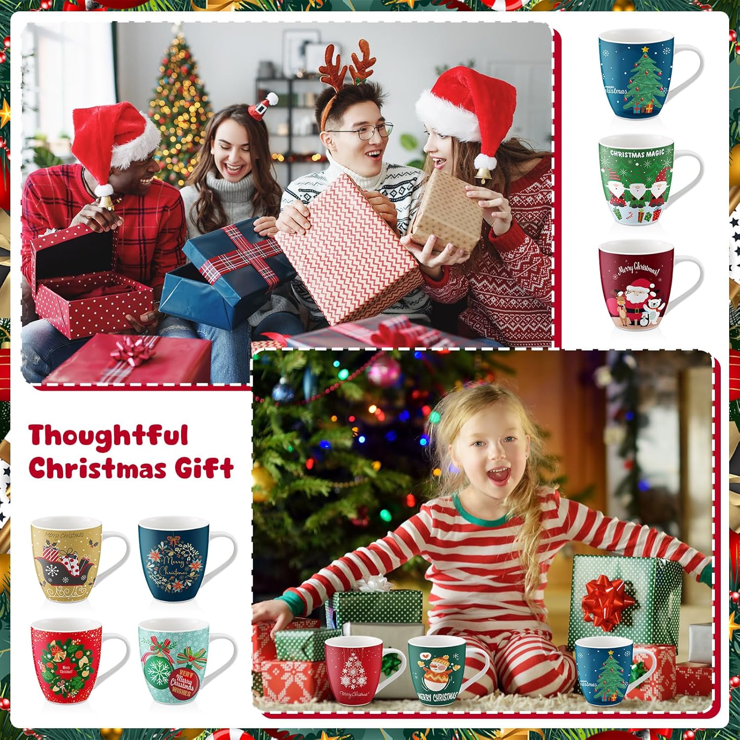 10 Pcs Large 17oz Christmas Ceramic Mugs Set Christmas Gifts Classic Vintage Holiday Coffee Cute Cups with Handle Hot Cocoa Coffee Bar Mug Bulk Xmas Party Favor for Housewarming Office