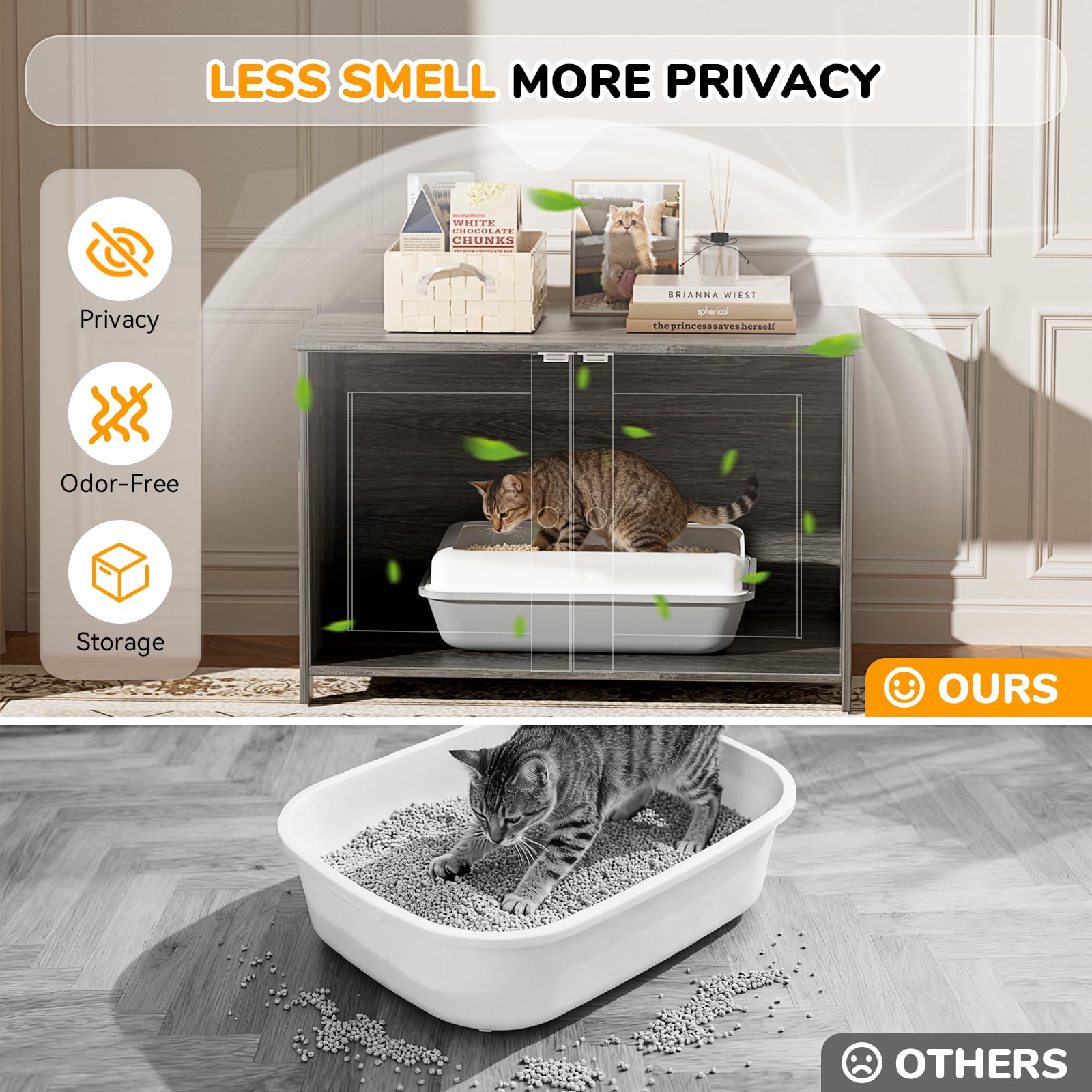 Cat Litter Box Enclosure Furniture Dog Proof, Hidden Kitty Washroom Low Entry, Wooden Cat Boxes Enclosure Odor Control for Home, Farmhouse Style Decorative Cabinet with Storage,Oak Grey - image 3