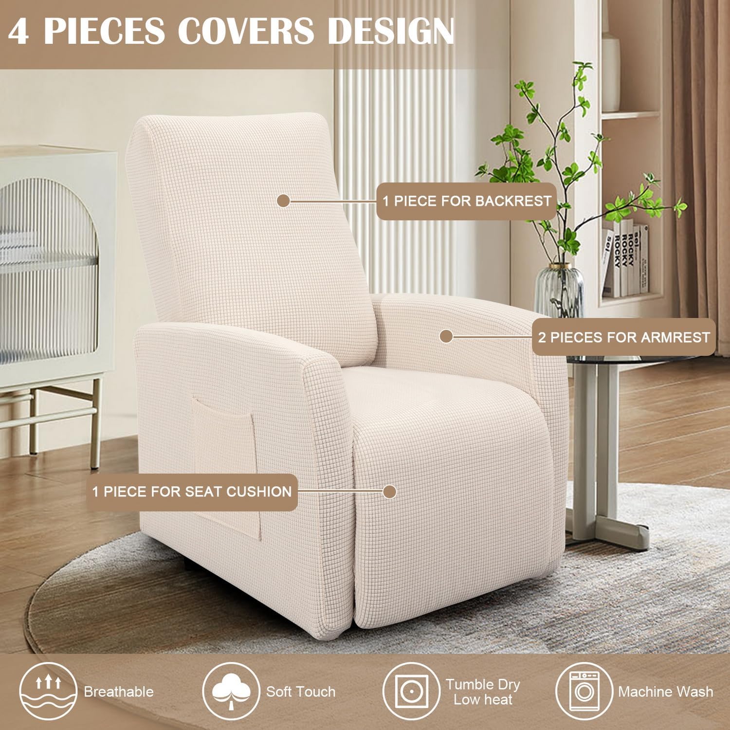 SearchI Recliner Chair Cover Jacquard Chair Covers 4 Piece, Small Recliner Sofa Slipcover for Home Theater Seating with Elastic Bottom, Recliner Protector with Pocket for Recliners, Beige