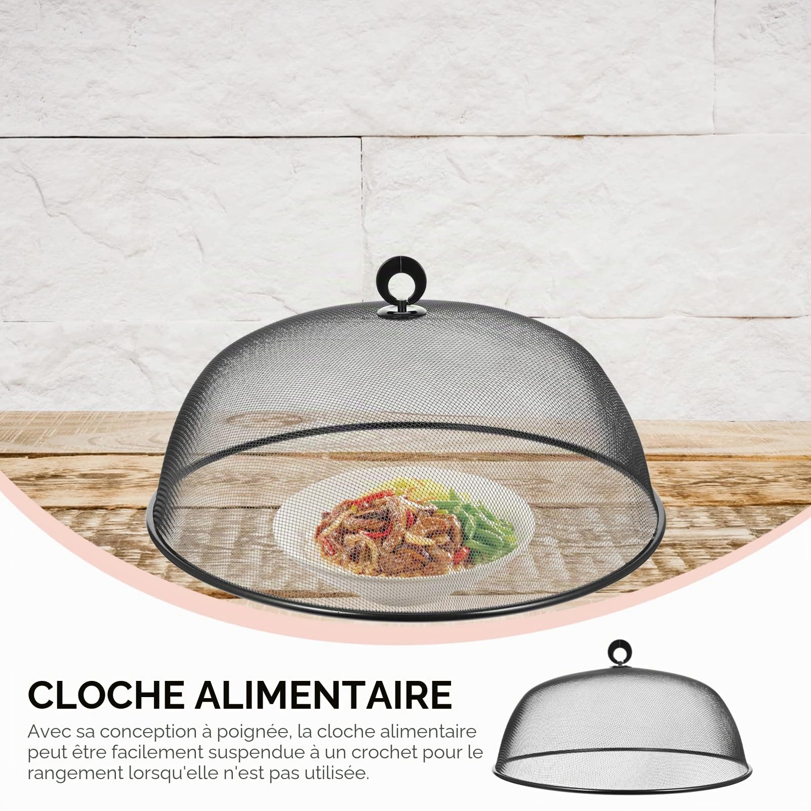 GANAZONO Cloche Alimentaire en Mailles Métalliques 40 Cm Noir avec Poignée pour Cuisine Protection Contre Insectes Et Poussière Rangement Facile