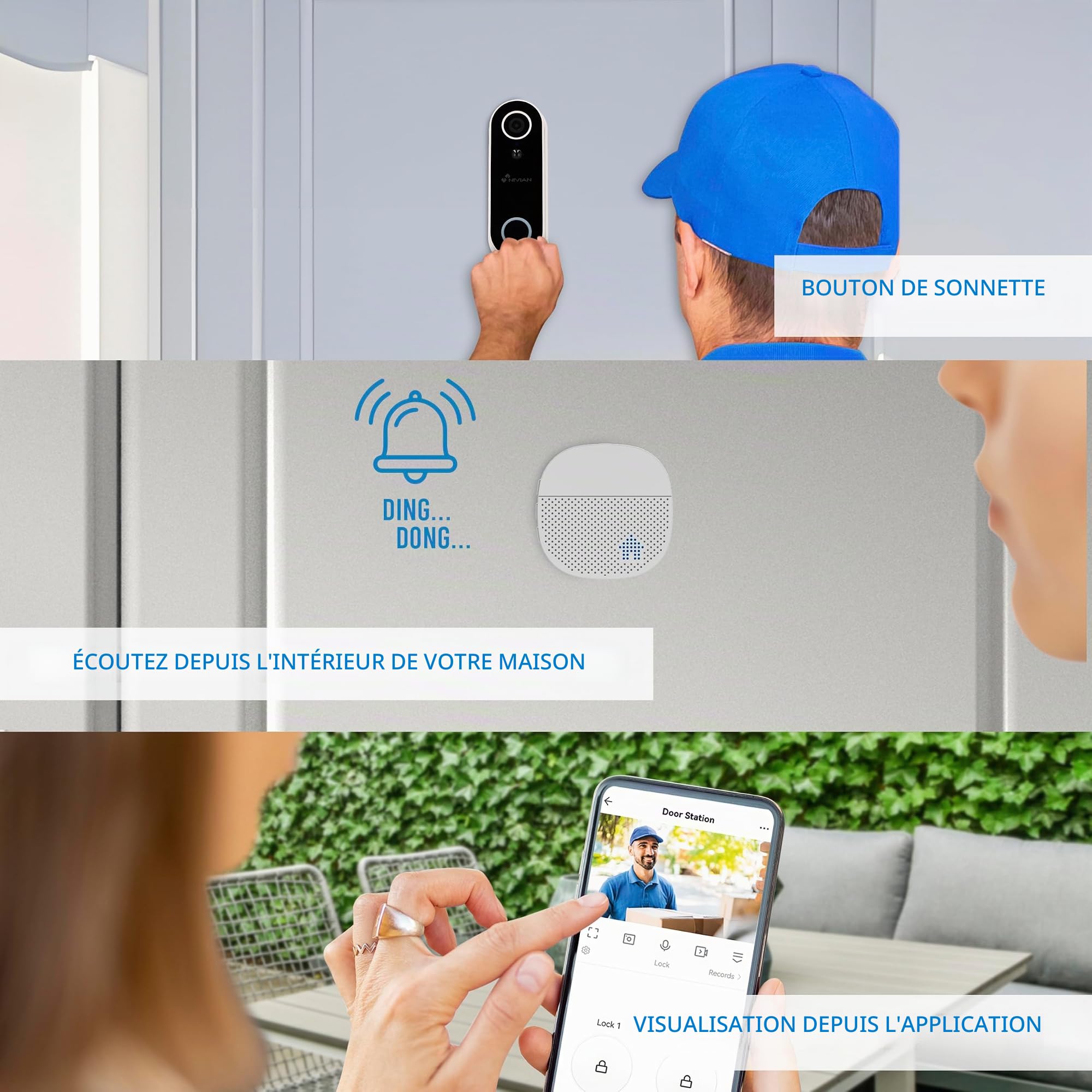 NIVIAN - Sonnette Vidéo Intelligente WiFi avec Caméra Full HD, Audio Bidirectionnel, Détection de Mouvement, Vision Nocturne, Batterie Rechargeable, Compatible avec l’App Tuya, Alexa et Google
