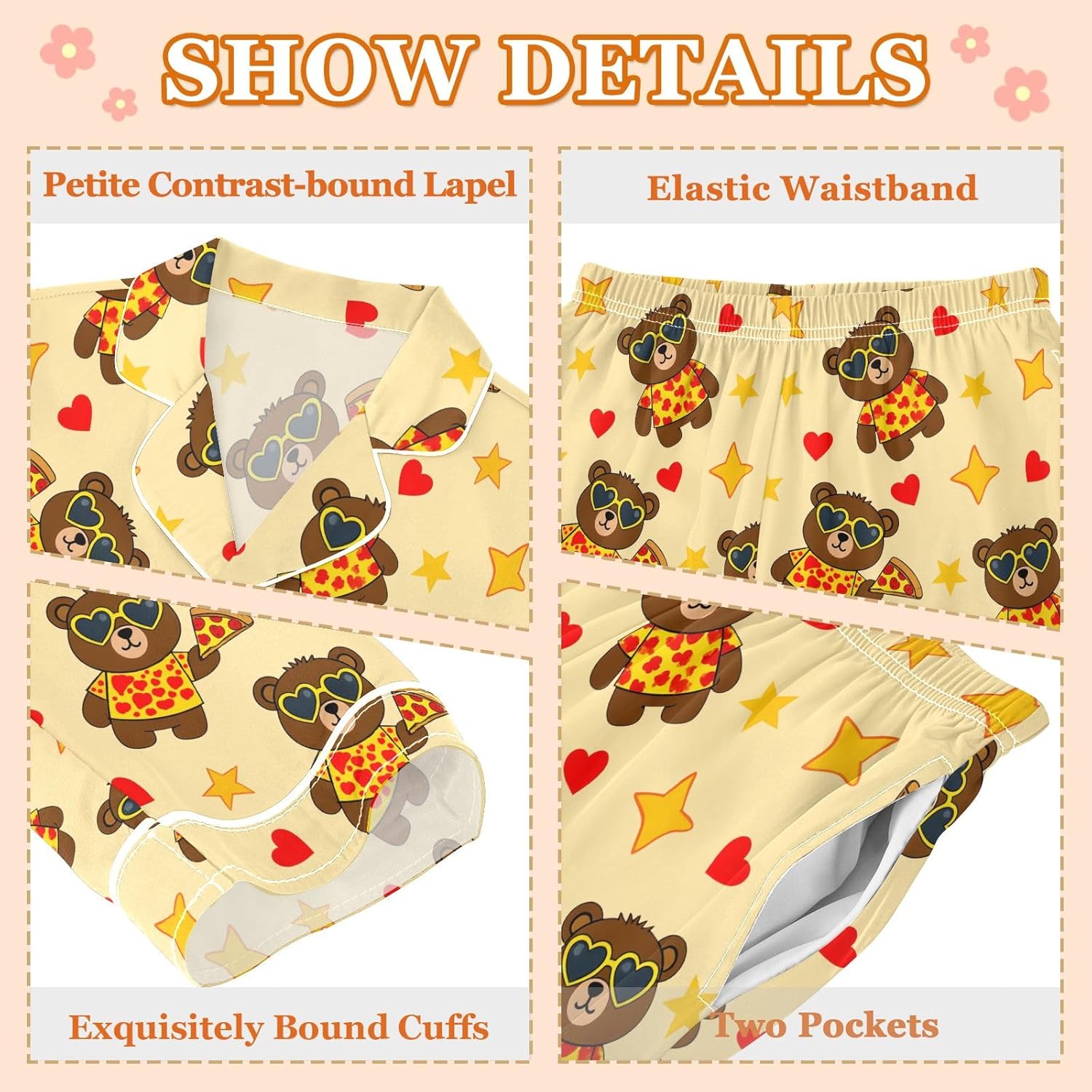 Kids Casual Satin Wear Set Pizza Bear Pattern Unisex Relaxed Fit Clothing