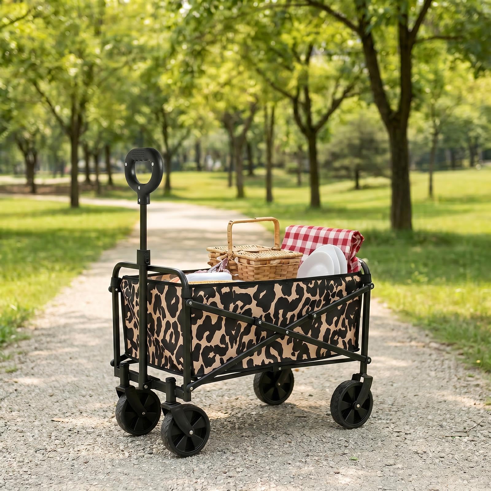 OHS Festival Trolley on Wheels, Folding Wagon Portable Camping Cart Collapsible Foldable Gardening Trolleys with Handle Camping Trolley for Outdoor Picnic Shopping Fishing, Leopard Print