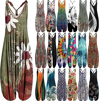 OIOLOYJM Summer Plus Size Boho Overalls for Women 2025 Fashion Jumpsuits Loose Fit Rompers Floral Printed Baggy Harem Pants