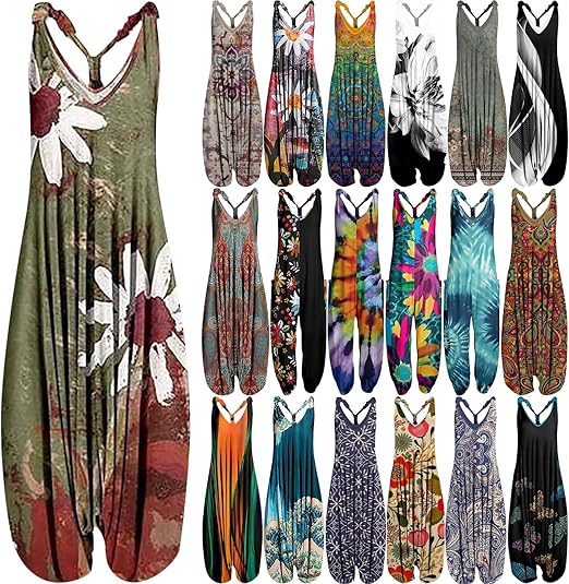 OIOLOYJM Summer Plus Size Boho Overalls for Women 2025 Fashion Jumpsuits Loose Fit Rompers Floral Printed Baggy Harem Pants
