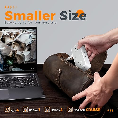 Miniatura 8 de Tessan Enchufe múltiple, plano, 5 pies, 4 salidas espaciadas, corriente alterna, 3 puertos USB, 1 USB C, protege contra sobretensiones, estación de