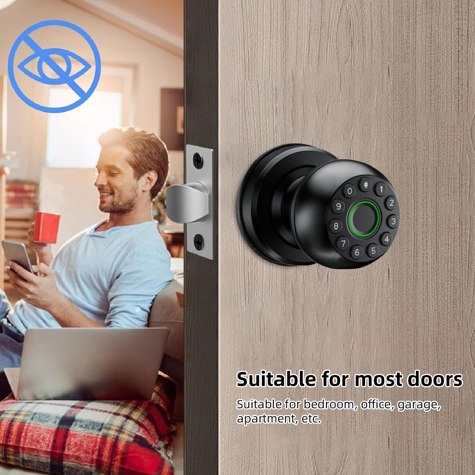 Smart Door Knob, Keypad Fingerprint Biometric Door Lock, Keyless Entry Door Knob with App Control, Fingerprint Door Lock for Bedroom, Office, Front Door, Apartment, Cloakroom