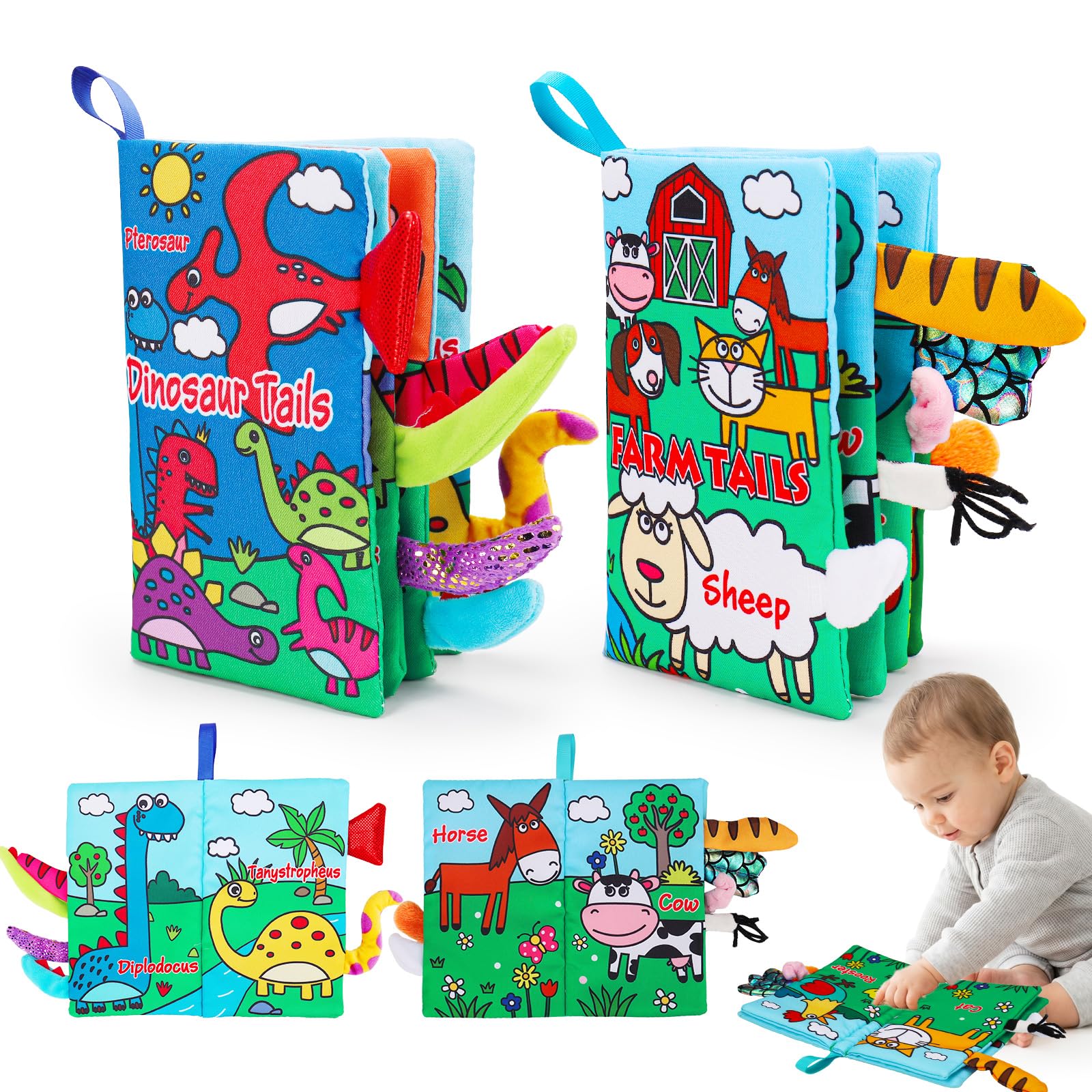 2 Pcs Baby Books 0-6 Months Baby Toys Sensory Books for Babies, Baby Essentials for Newborn Infants Early Learning Toys, Newborn Gifts for 0 3 6 12 Months Baby Boys Girls(Dinosaur&Farm)