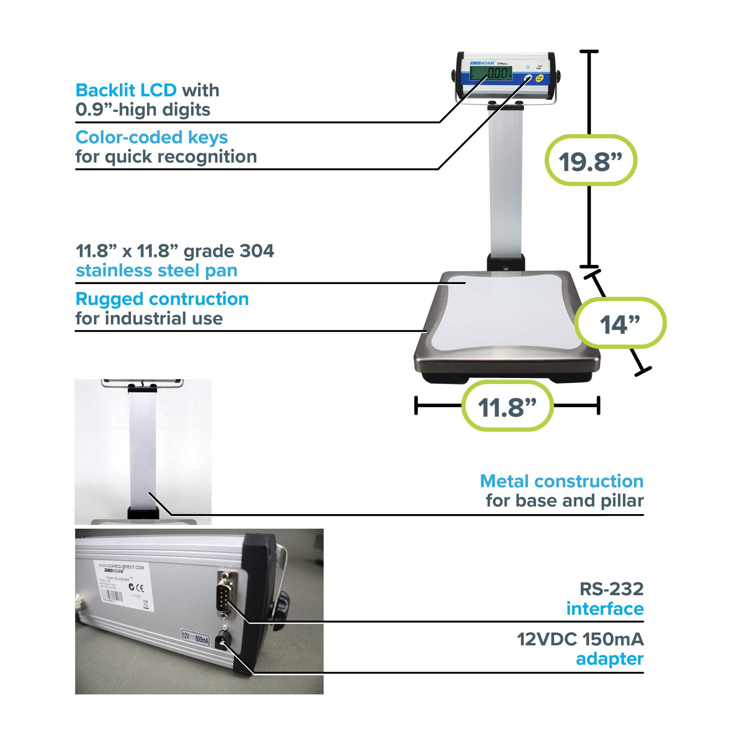Adam Equipment CPWplus 200P Pillar Display Bench Scale, 440lb/200kg Capacity, 0.1lb/50g Readability