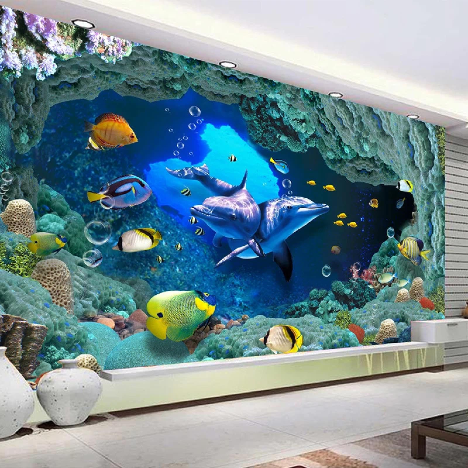 Papier tapiz artistique dauphins et poissons 3D en PVC autocollant