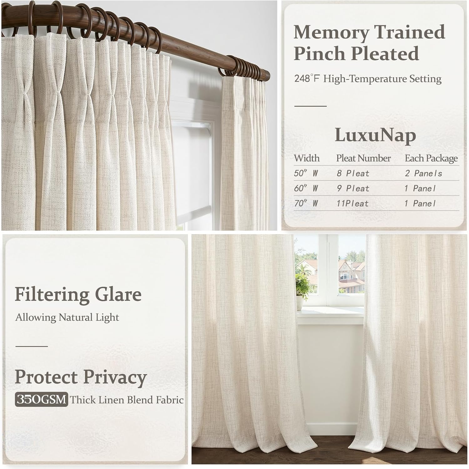 Pleated Birch 92 Inch Curtains for Living Room 2 Panels Set, Memory Shape Thick Linen Semi Sheer Light Filtering Privacy Curtain with Ceiling Track System Windows Drapes Decor 50x92 Inch Length Ivory