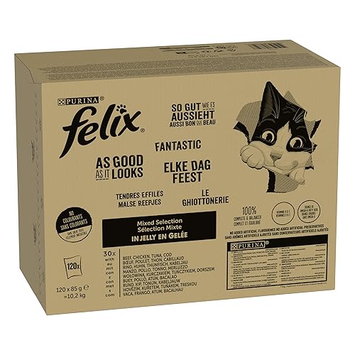 Purina Felix Fantastic Comida Húmeda para Gato Adulto Pack Surtido Pollo, Atún, Ternera & Bacalao, 120 Sobres de 85g - Pack Surtido Mixto - 10.2 kg (Paquete de 1)