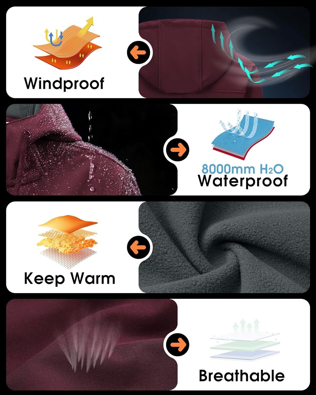 33,000ft Women's Softshell Long Jacket with Hood Fleece Lined Windproof Warm up Waterproof Windbreaker - Image 6