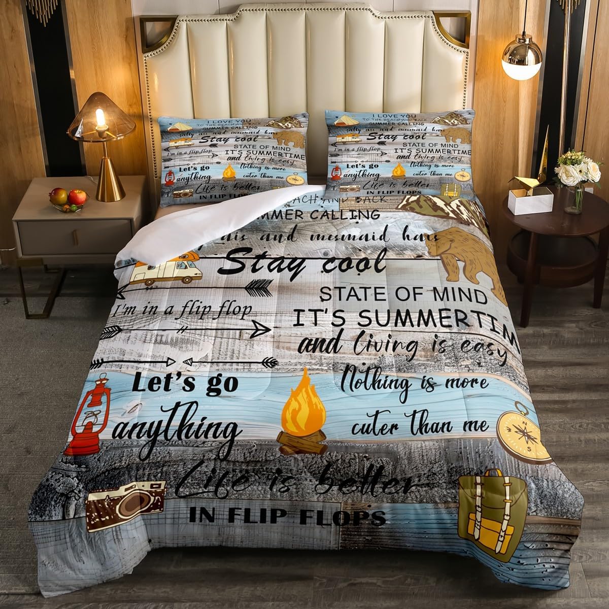 Beach Flip Flops Summer Queen Comforter Set Size Rustic Camping Bedding Set for Boys,Camper RV Cabin Duvet Insert Lodge Woodland Farmhouse Quilt for Kids Teens Adult,Blue Grey Wood Backdrop image 2