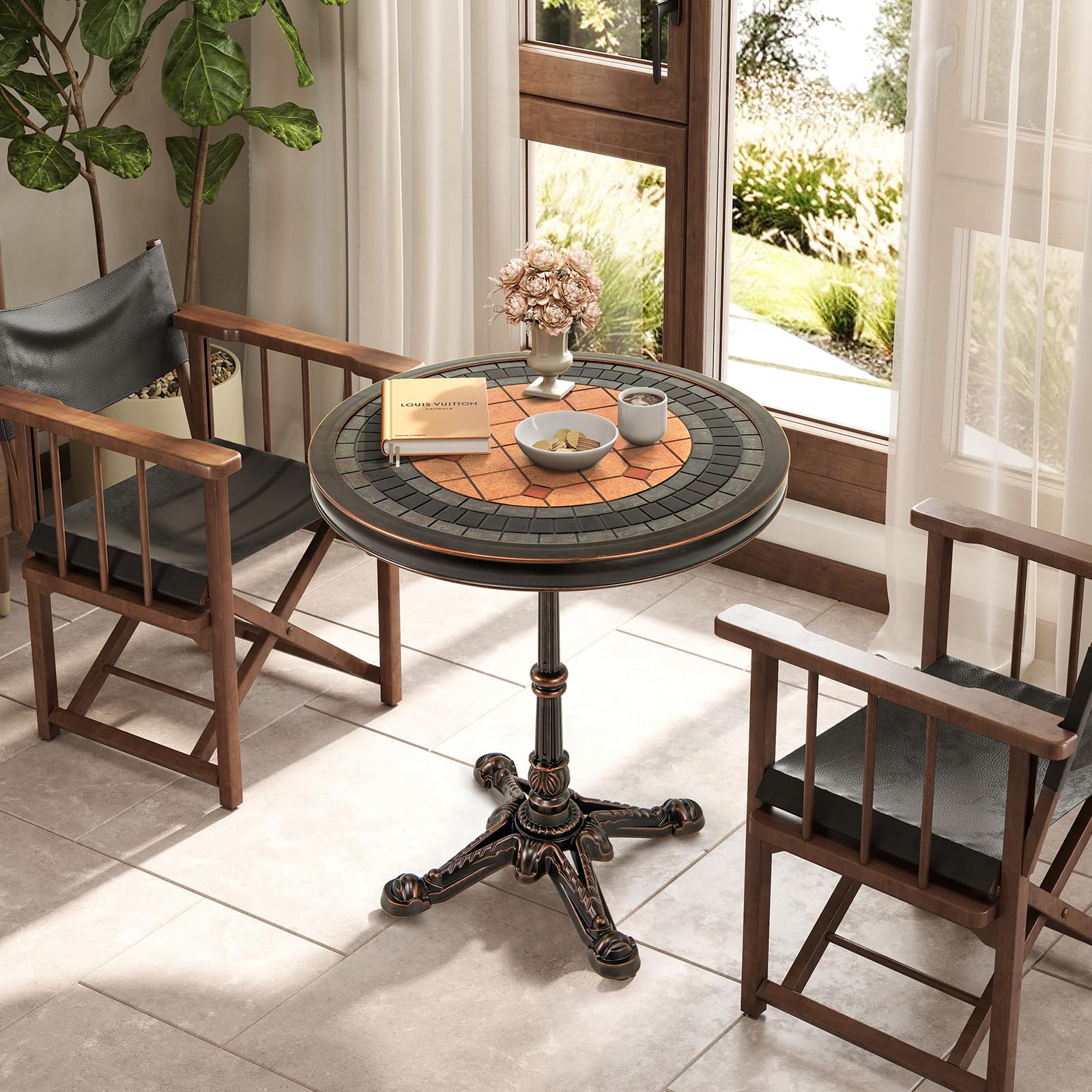 COSTWAY Table de Salle à Manger Ronde 60,5 cm Aluminium Coulé Résistante aux Intempéries Bronze