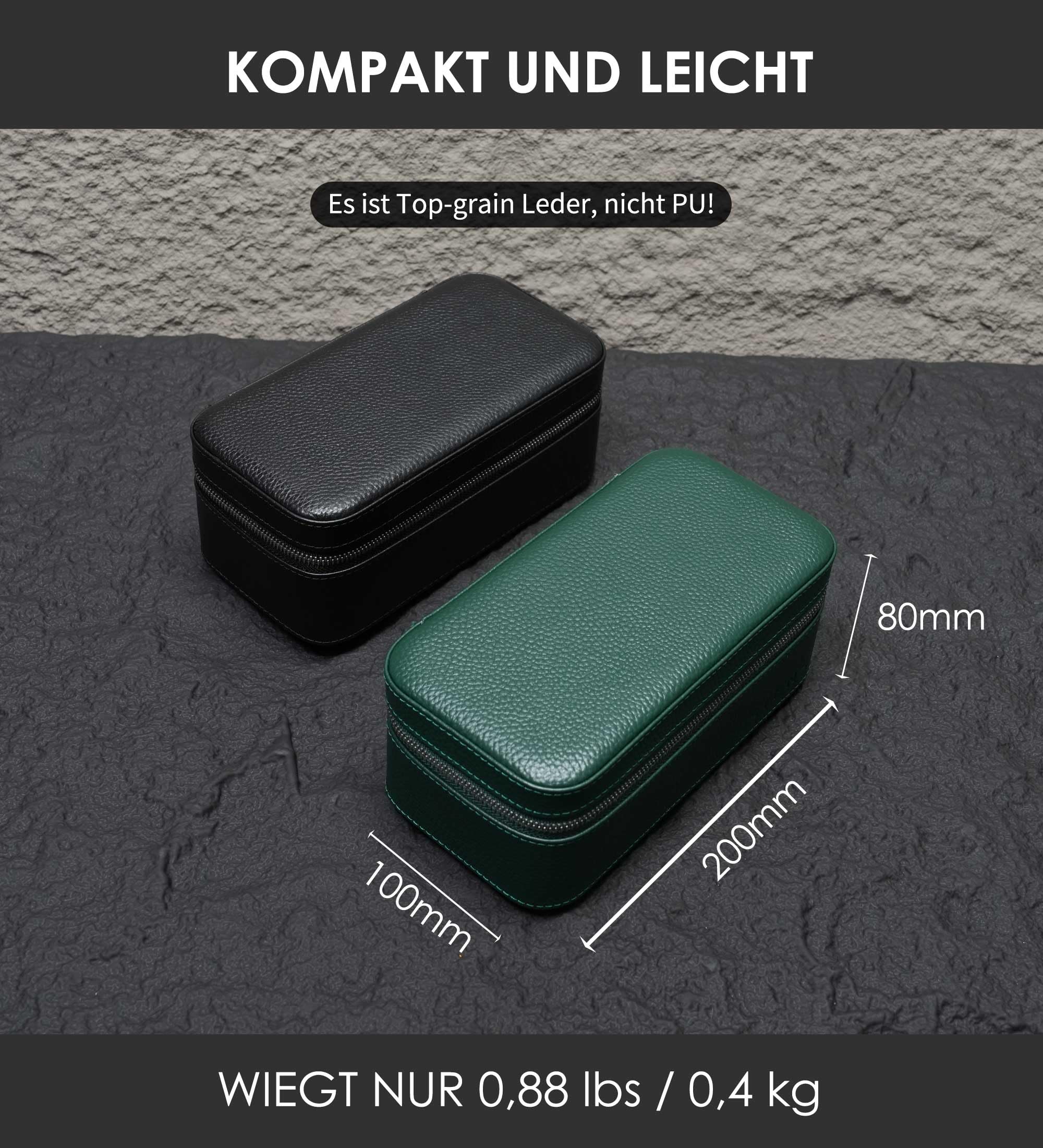 Boîte de voyage en cuir véritable pour homme et femme - Organiseur de rangement avec fermeture éclair en daim pour la protection - Convient à toutes les montres jusqu'à 60 mm (3W-Z-BBL)