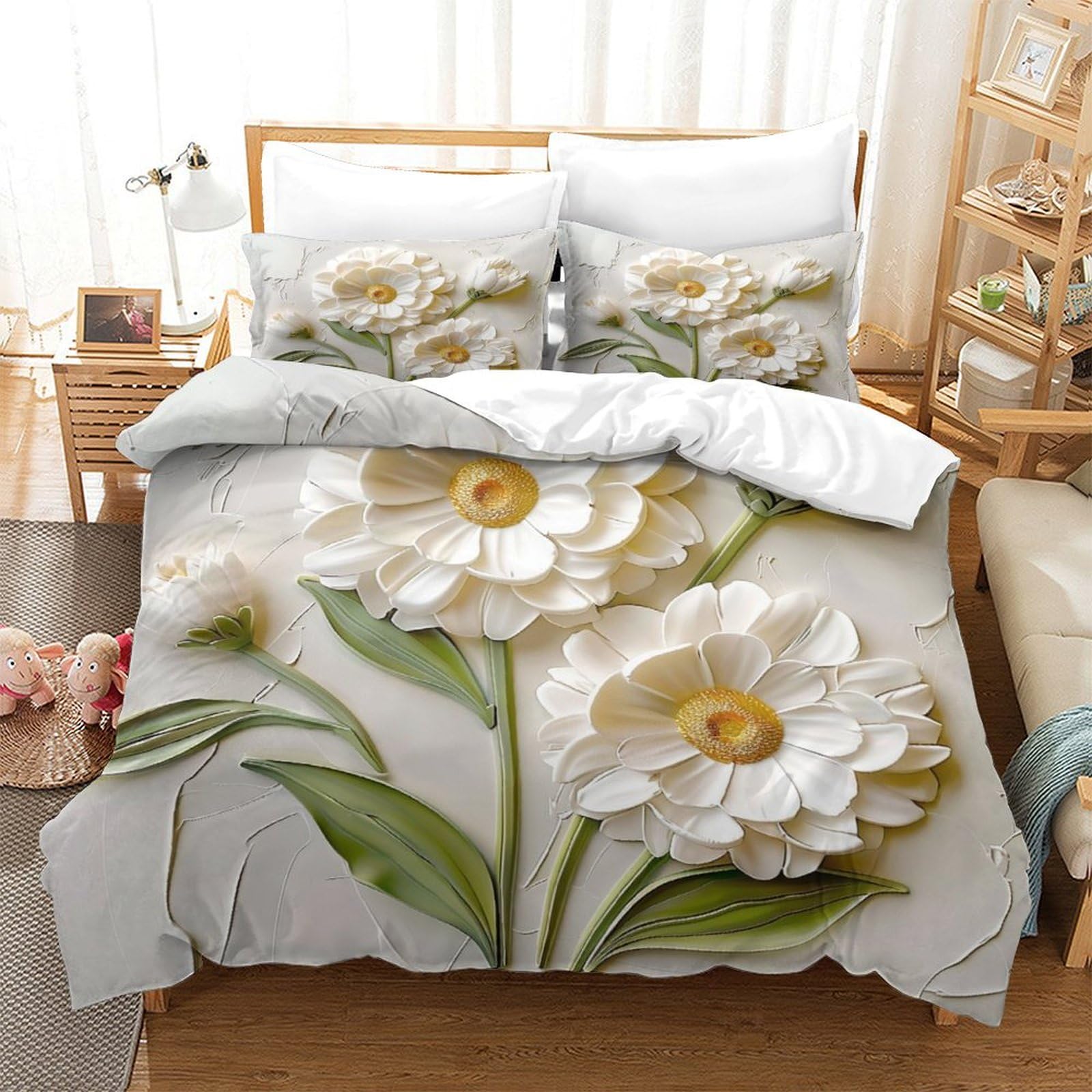 Bardys Style-9 White Daisy 3D Print Cameo For Teens And Adults Comforter Covers Quilt Cover Duvet Cover With Zipper Closure Bedding Set Soft Microfiber With Pillow Cases 3 Pieces Super King（260X220cm）