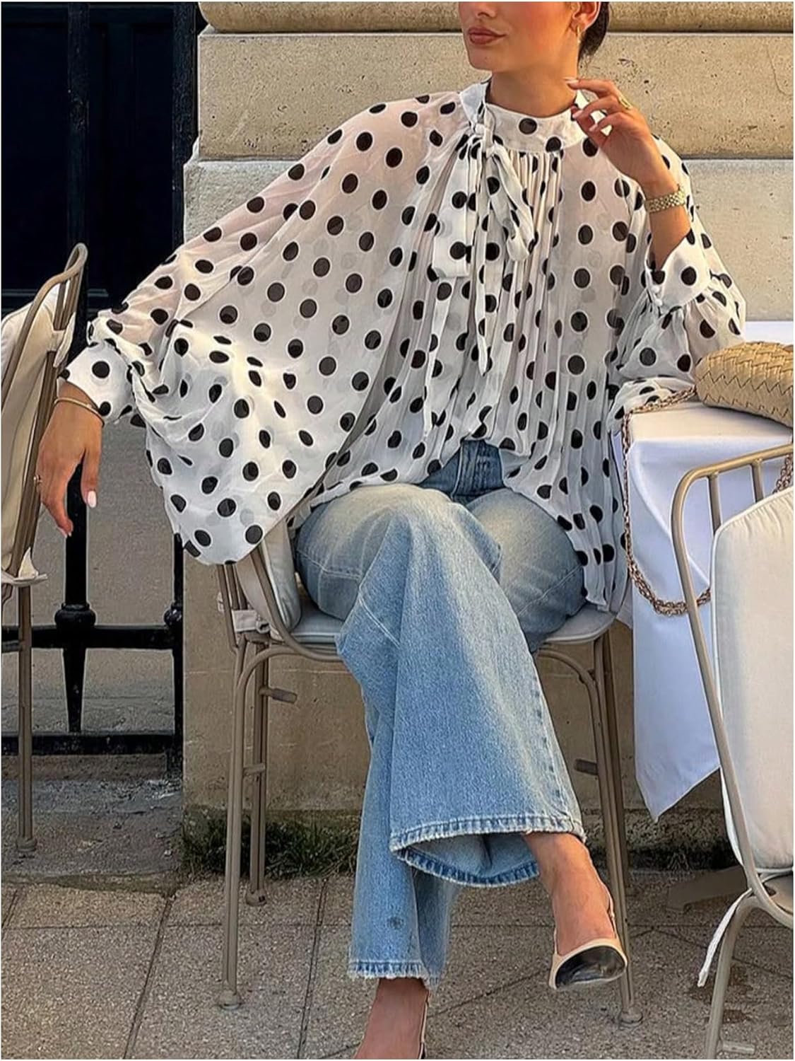 GORGLITTER Women's Polka Dots Mesh Flowy Tops Long Sleeve Vintage Elegant Tie Neck Chiffon Sheer Blouses Spring Outfits - Image 3