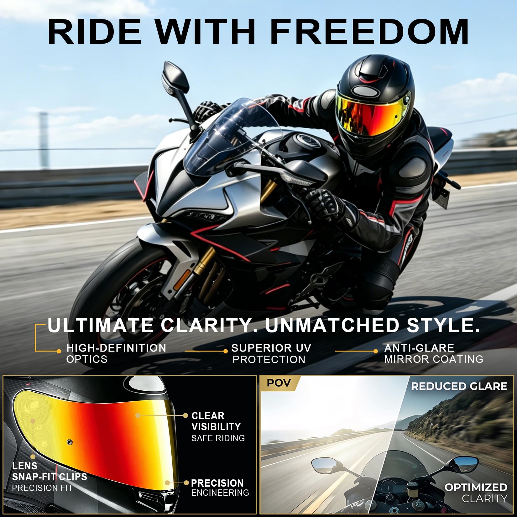 PSLER Motorrad Visier für HJC RPHA 11 (Pro/Carbon) und RPHA 70 (ST/Carbon), Ersatzvisier Kompatibel mit HJ-26 HJ-26ST, Anti-Kratz UV-Schutz, Pinlock Ready(Tiefes Goldrot)