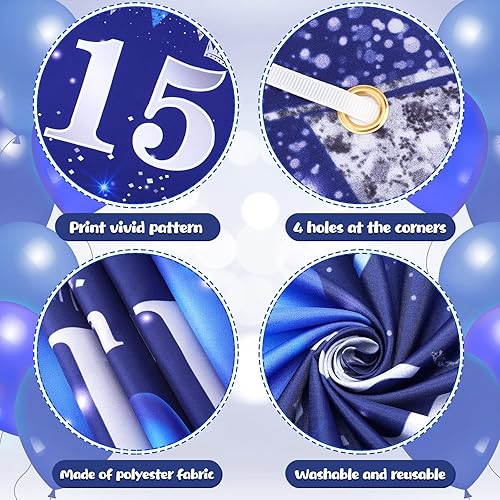 Miniatura 3 de Decoraciones azules de cumpleaños número 15 para niños y niñas, pancarta de feliz cumpleaños 15 azul marino plateado y globos de cumpleaños 15 para