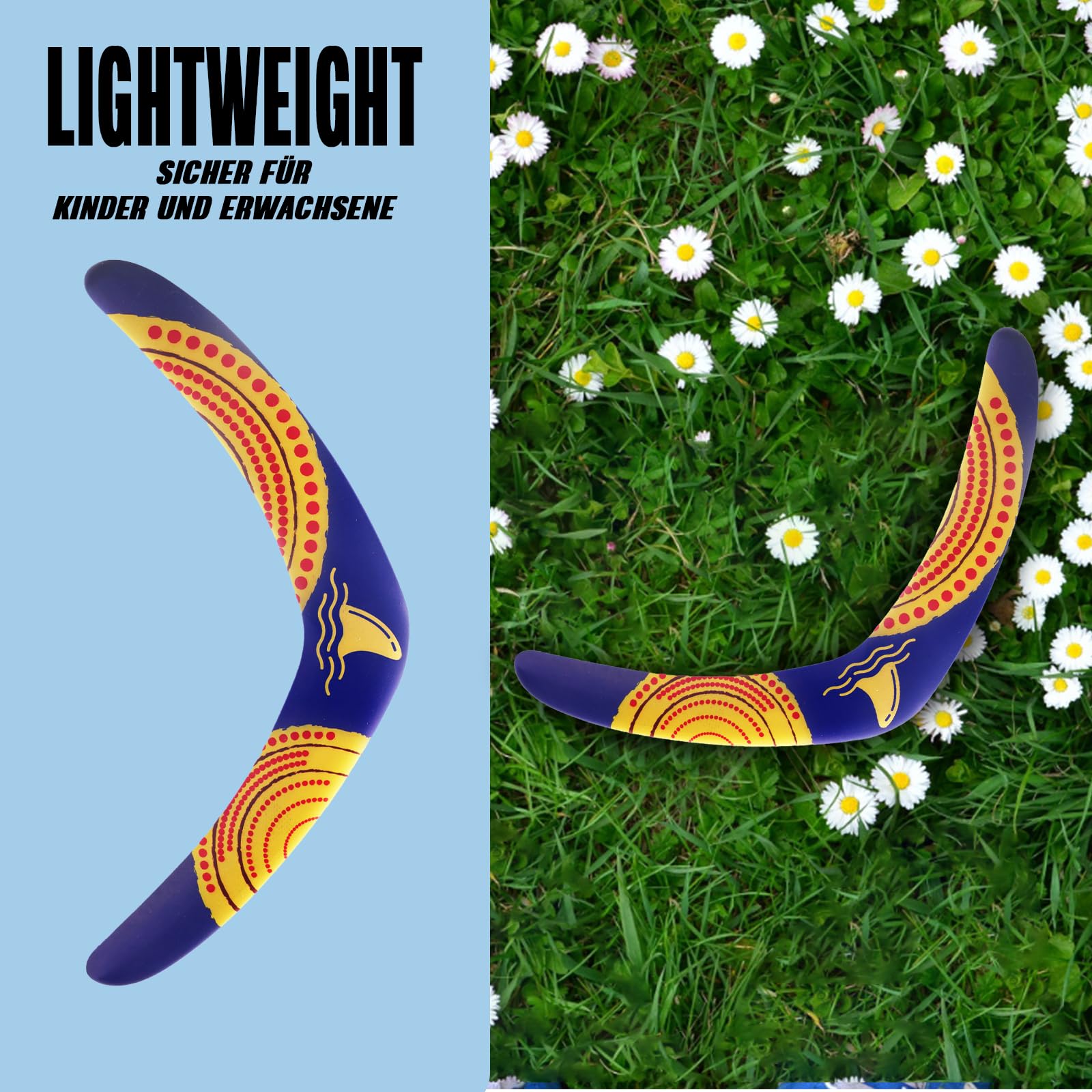 SVNR Boomerang Boomerang pour enfants et adultes - Boomerang de retour en plastique EVA - Jouet à lancer en forme de V pour jeux de plein air et sports de plein air (soleil rouge)