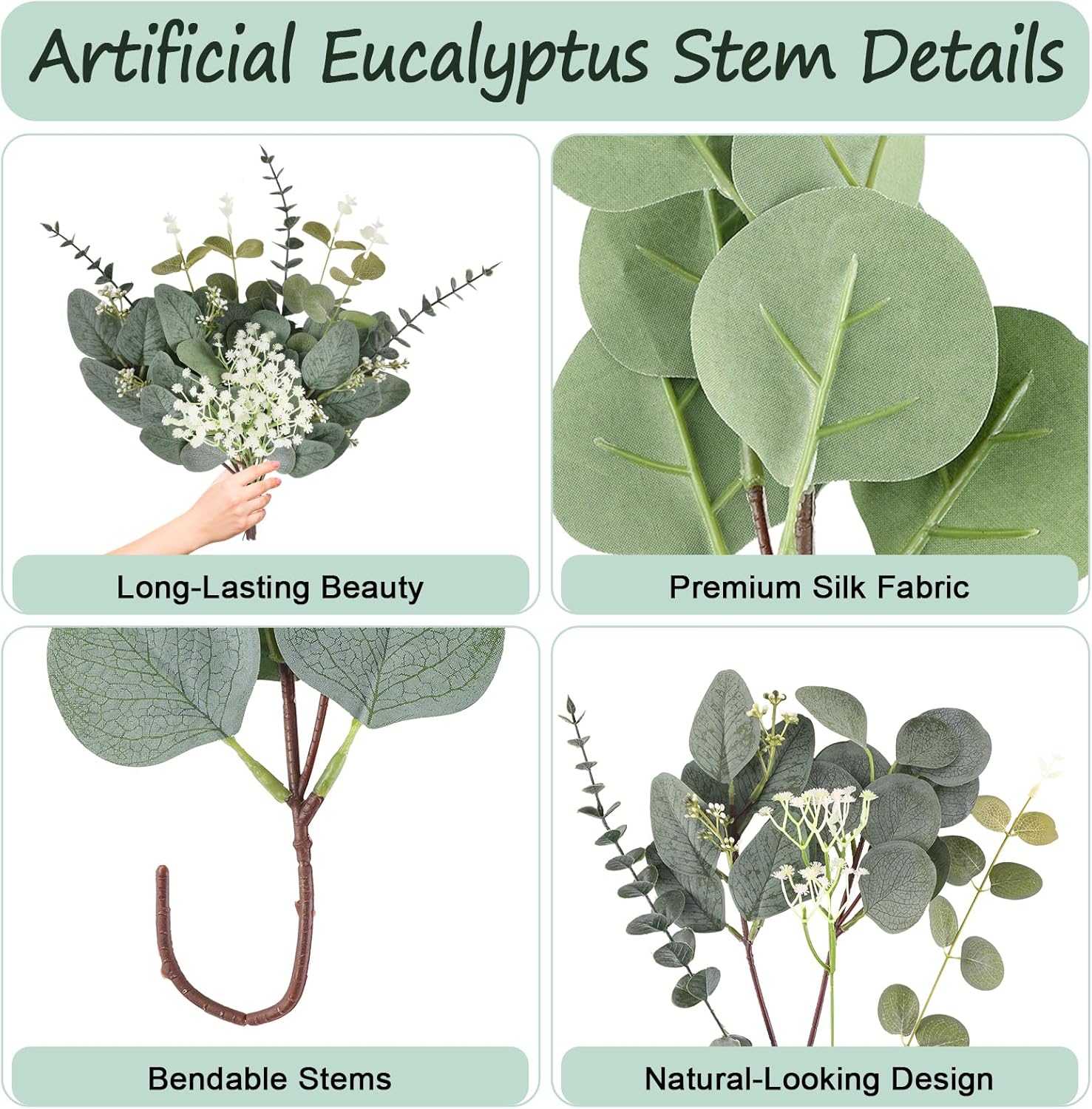 Consevisen 120 Pcs Eucalyptus Stems Artificial Flowers, 5 Kinds Mixed Faux Eucalyptus Leaves Greenery Stems Bulk for Wedding Bouquet, Table Centerpieces, Vase Floral Arrangements, Farmhouse Home Decor