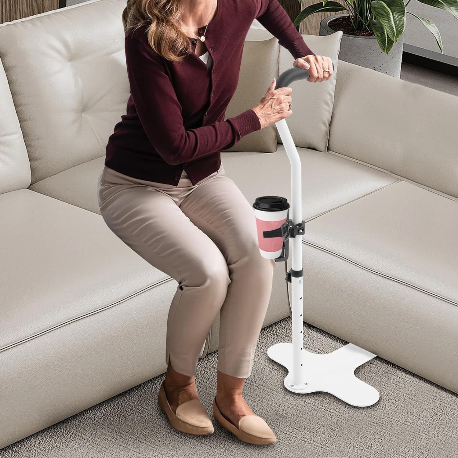Stand Assist for Elderly, Adjustable Height Mobility Couch Assist with Cup Holder Stand Up Helper with PU Handle Elderly Chair Lift for Seating Furniture Supports up to 398lbs (White)