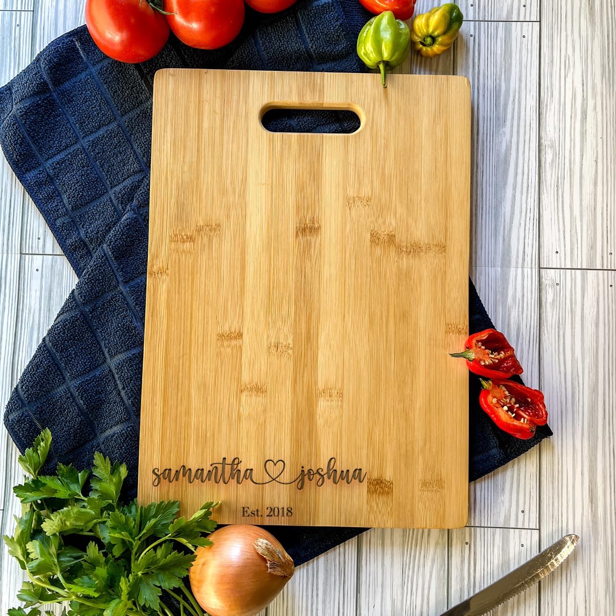 Engraved Rectangular Bamboo Wood Cutting Charcuterie Board Personalized Gift New Couple, Parents, Anniversary, Housewarming, Hostess, Engagement - Names and Heart with Est. Date
