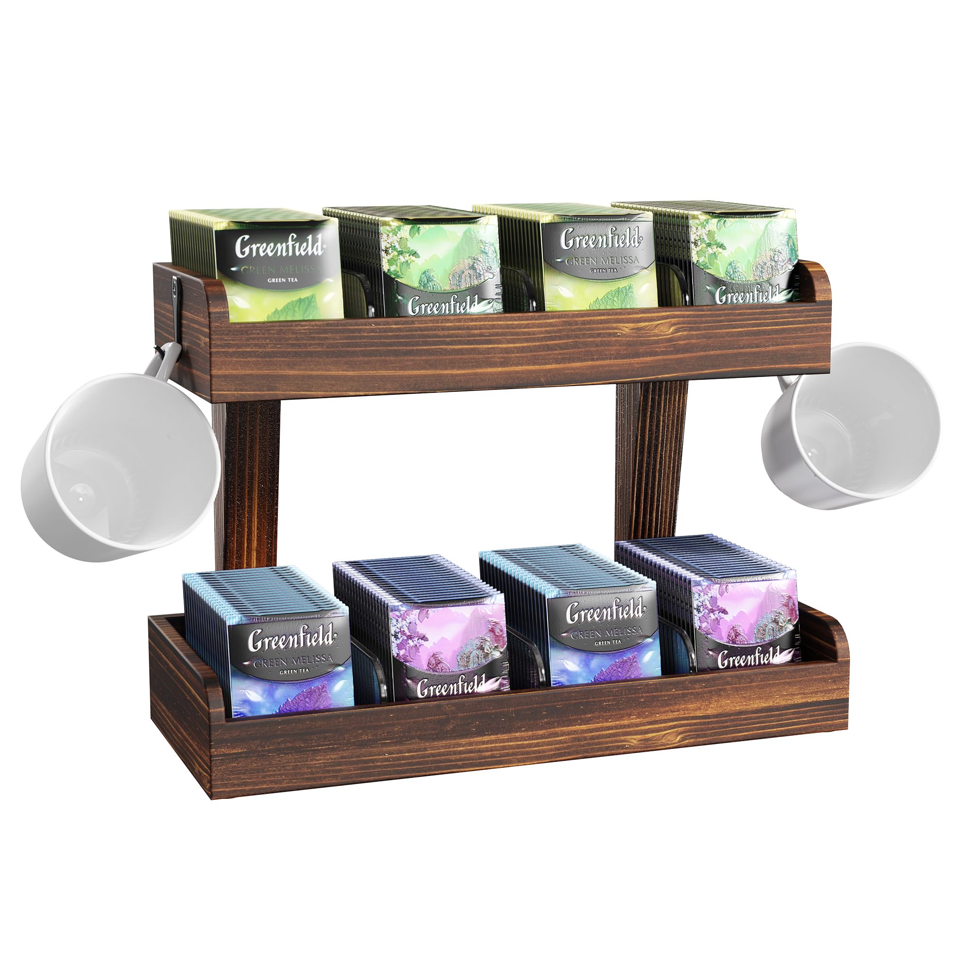 2 Niveles Organizador de Bolsa de Té para El Mostrador, Soporte de Teabag de Madera con Tabiques Ajustables y 2 Ganchos, Organizador de Bolsa de Té de Almacenamiento para La Oficina, Cocina (2 Tire)