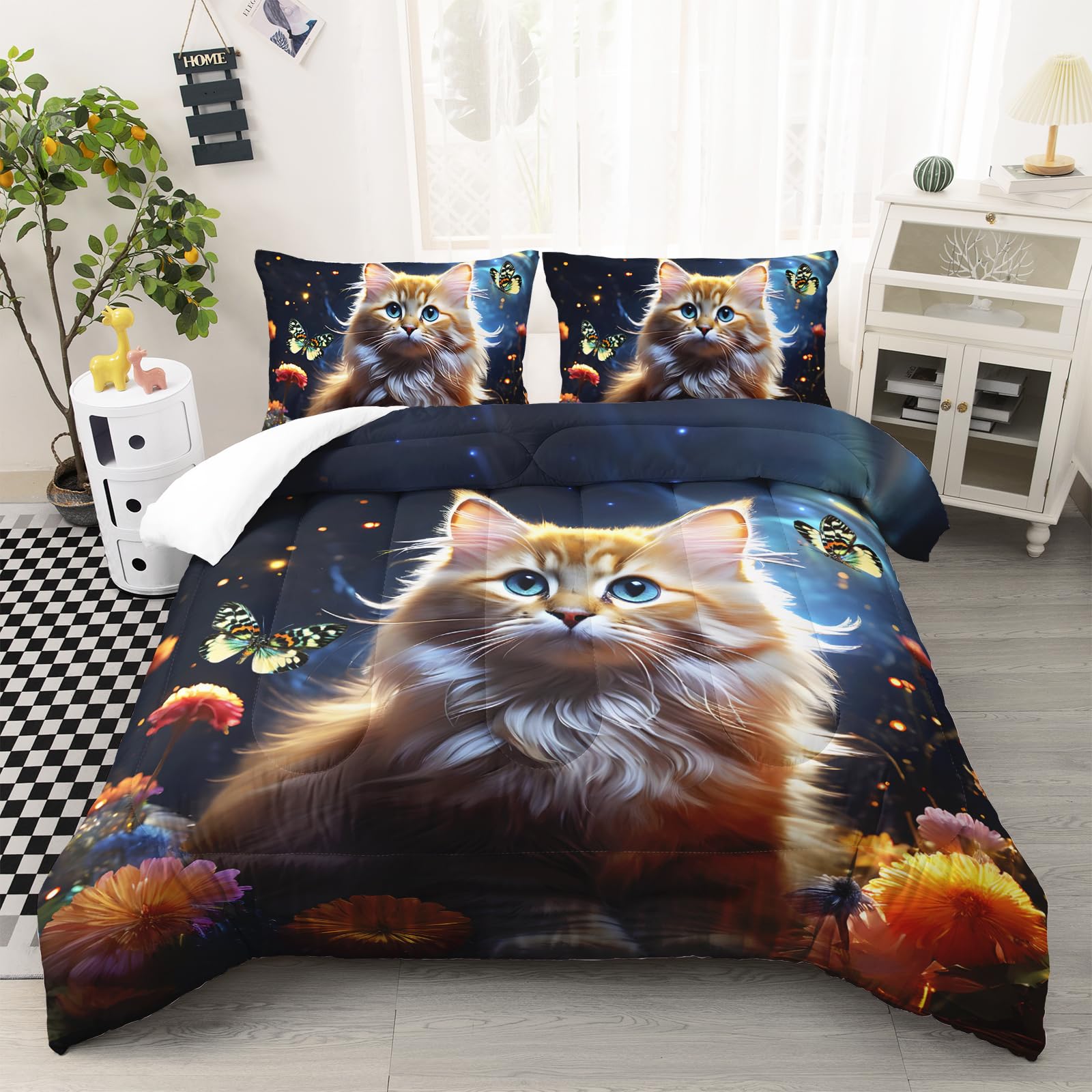 Ntlfup Kawaii Cat Comforter Set Twin Size, 3D Animals Flowers Bedding Set, Cat Lovers Quilt Bed Set for Girls Kids Teens