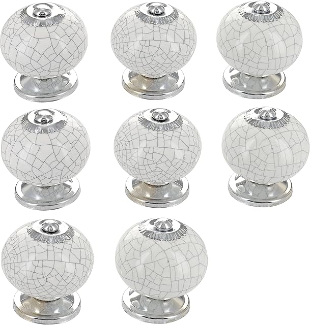 G Decor White Crackle Handmade Design Round Ceramic Door Knobs, Vintage, Shabby Chic, Interior Furniture, Cabinet Wardrobe Cupboard Drawers Pulls Handles (8-Pack)