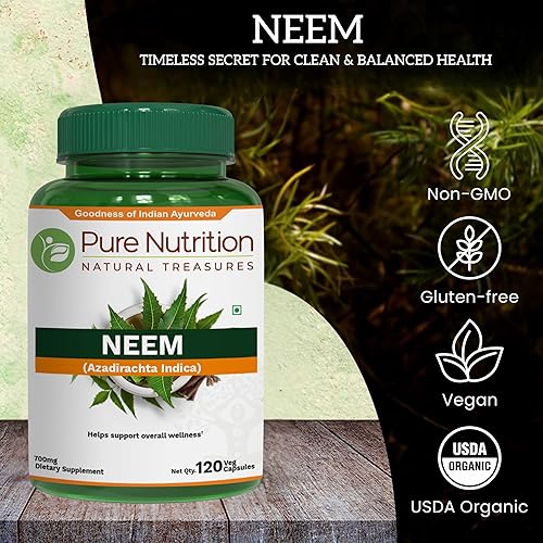 Miniatura 3 de Pure Nutrition Cápsulas de Neem de 700 mg (equivalente a 2600 mg de polvo de hoja de neem y polvo de corteza) sin OMG, una vez al día, suministro de