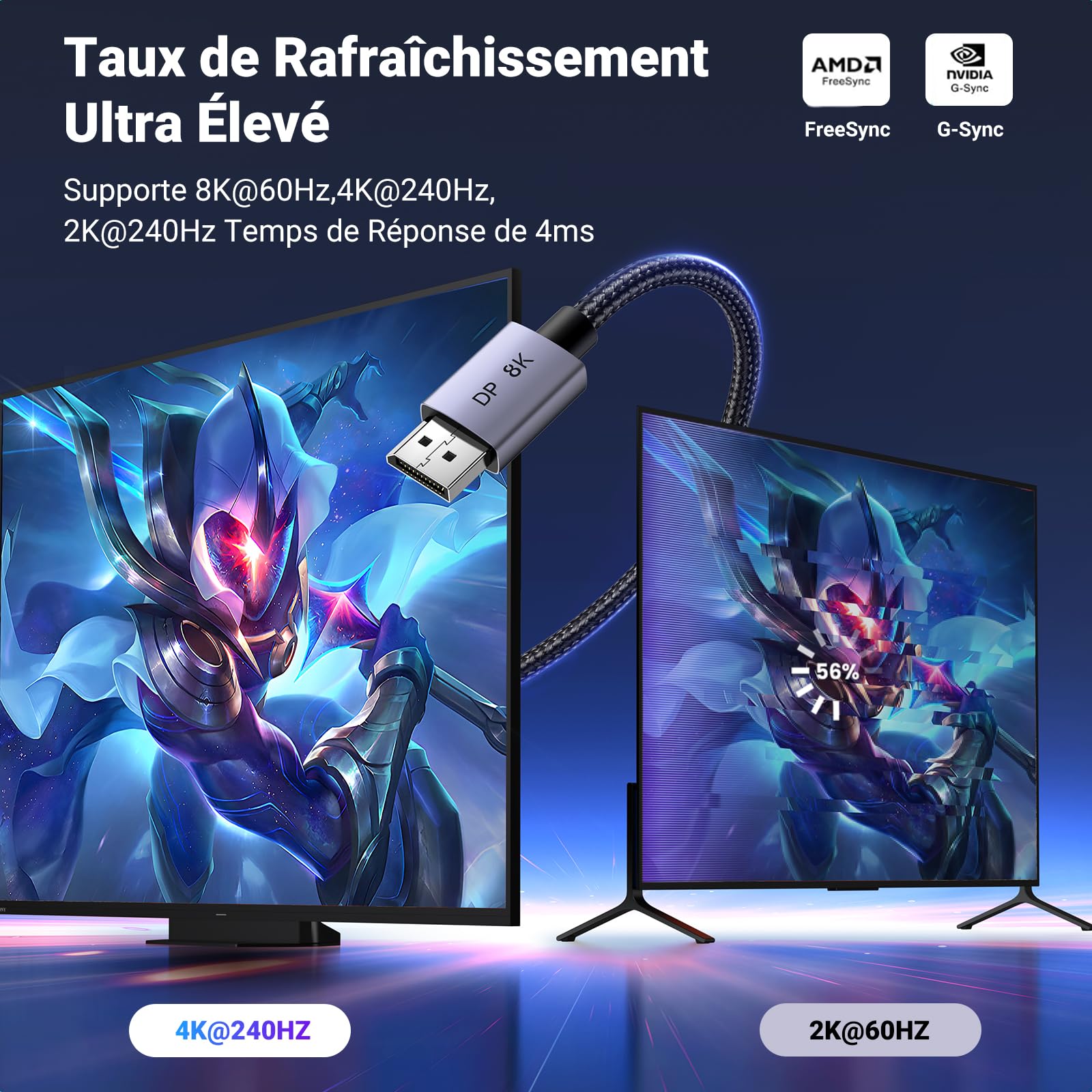 UGREEN Câble DisplayPort 1.4 8K 60Hz 4K 240Hz, Câble DP Certifié VESA 1.4 Aluminium Mâle-Mâle HDR GSync Nylon Tressé 2M