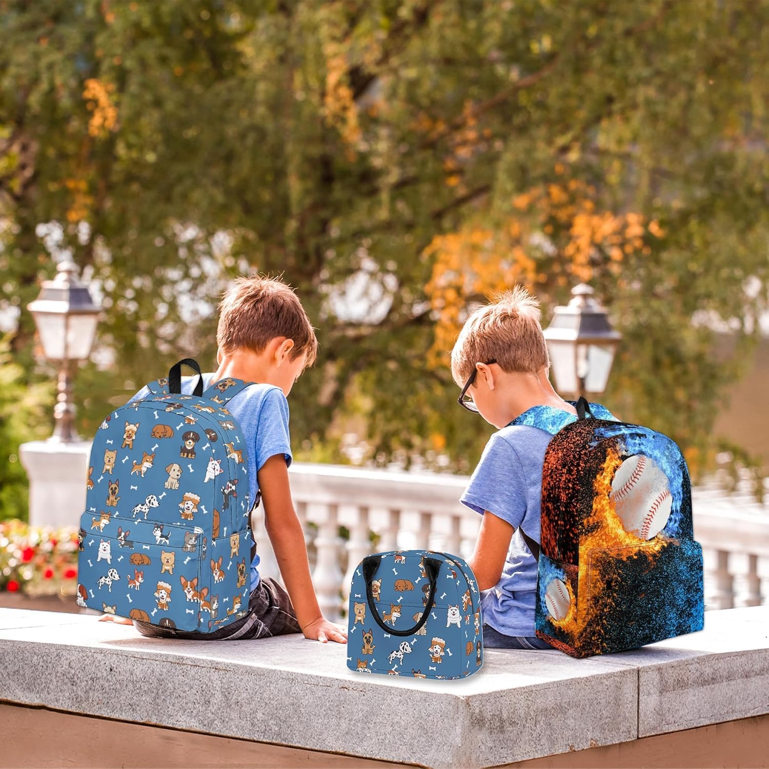 Tiannee Puppy Printed Backpack Set, 3 Piece Backpack Set with Lunch Box Pen Box for Boys Girls, High Capacity Bookbag Lunch Bag Pencil Case for Men Women Workplace Travel