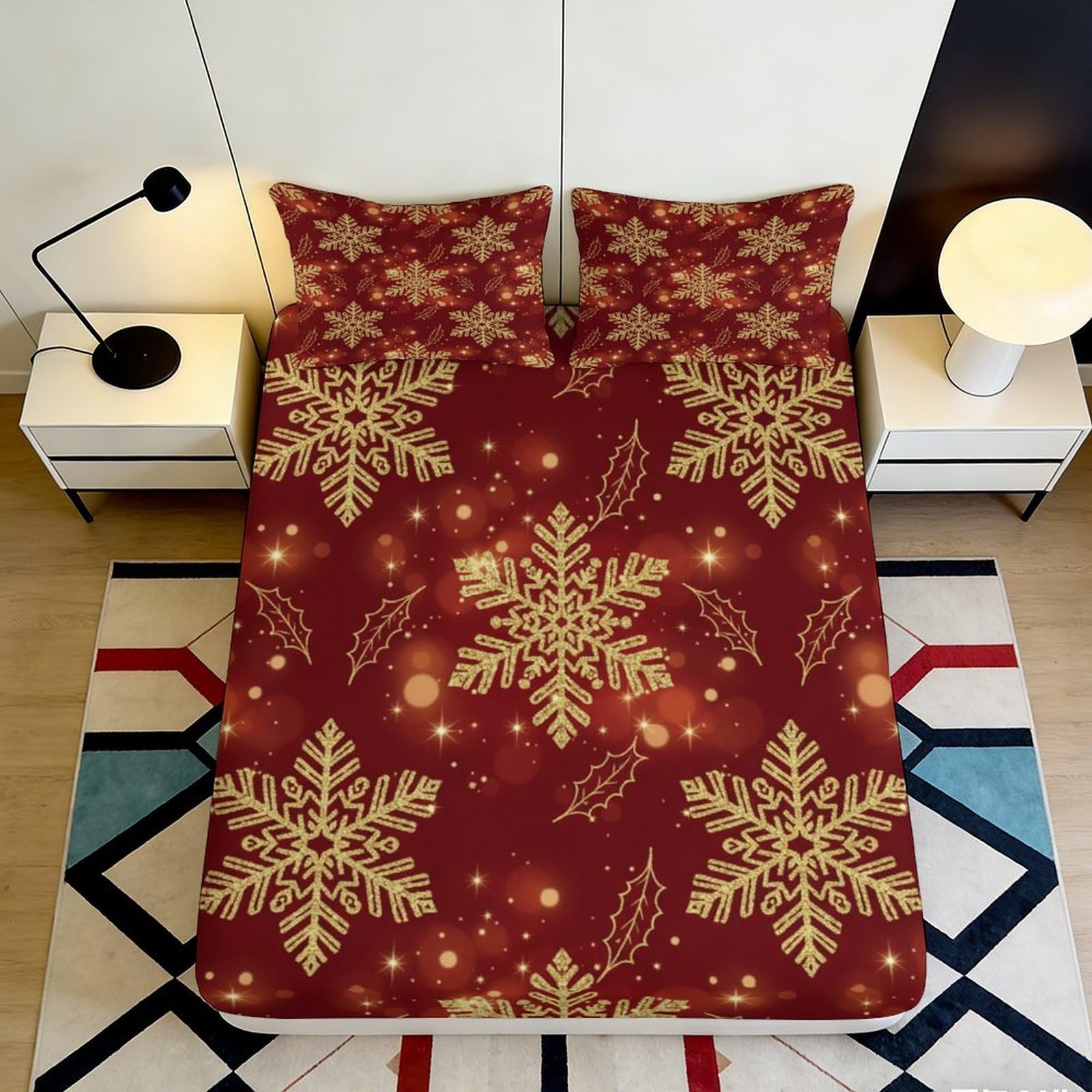 3D Printed Golden Snowflake Fitted Sheet Microfiber Soft Breathable Holly Mattress Cover for Bedroom Dormitory Guest Room Mattress Protection Decor 200x200x25cm