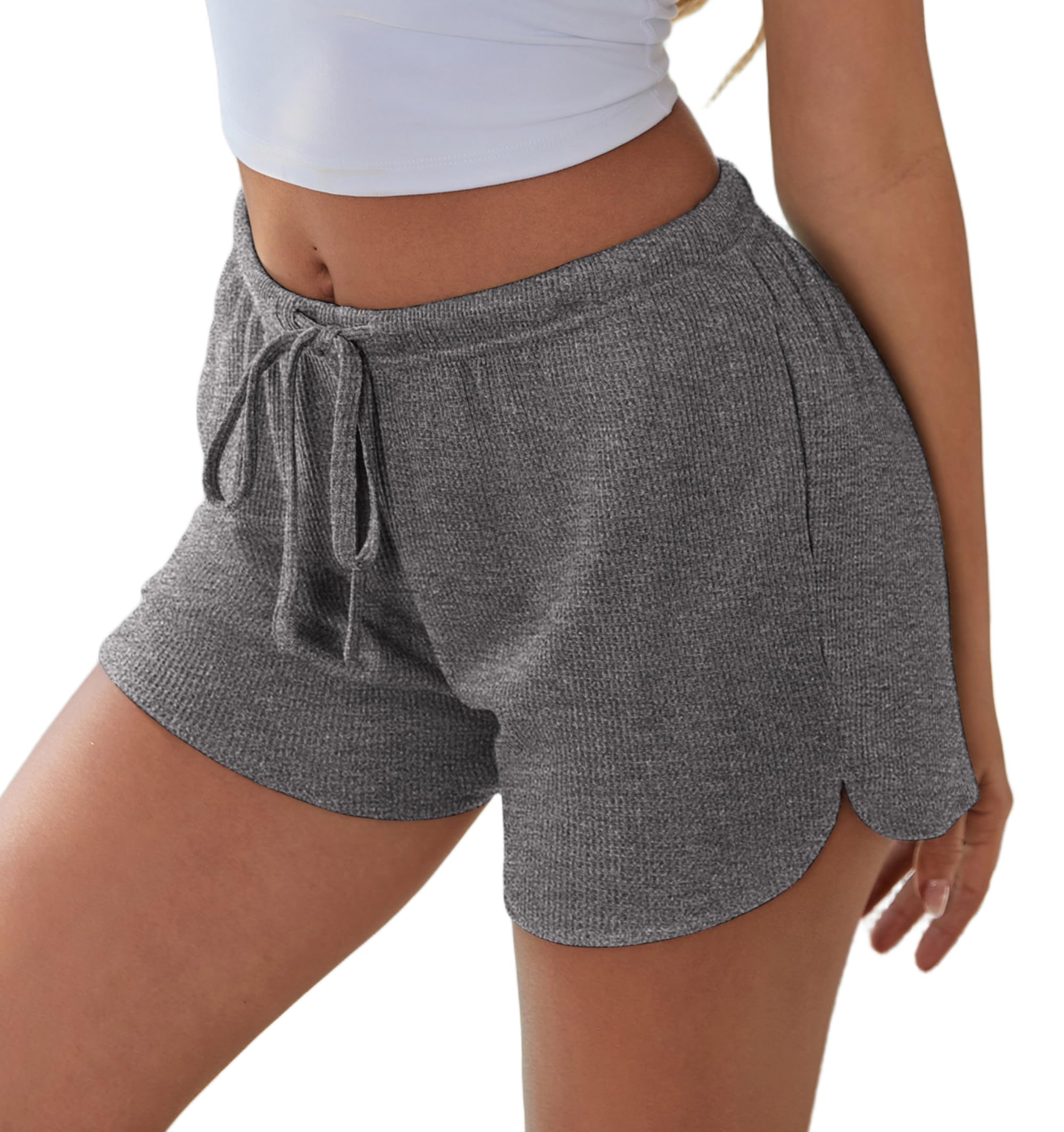 Ekouaer Womens Waffle Knit Pajama Shorts Soft Drawstring Lounge bottoms Casual Workout Shorts with Pockets Dark Grey L