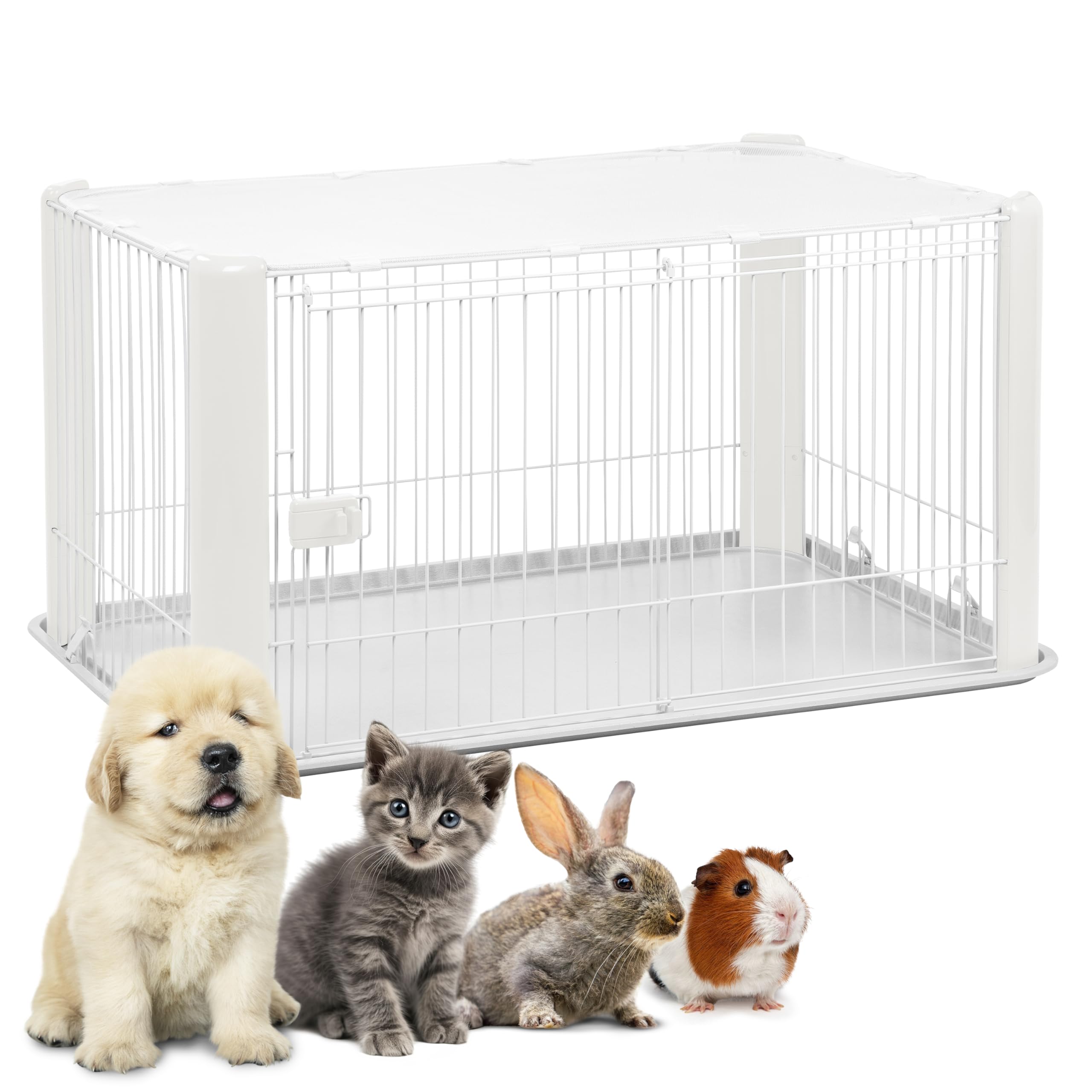 Iris Ohyama Parque para Perros con Puerta y Cerradura, H60cm, Blanco, Techo Desmontable, Jaula Gatos, Vallas, Corralito, para para Interiores, Exteriores, Conejo, Cercado, Corral Perro, CLS-1130